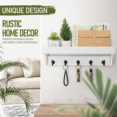 Miniatura 10 de Rebee Vision Soporte para llaves y correo para pared con estante, decoración de casa de campo con 5 ganchos rústicos para llaves y organizador de