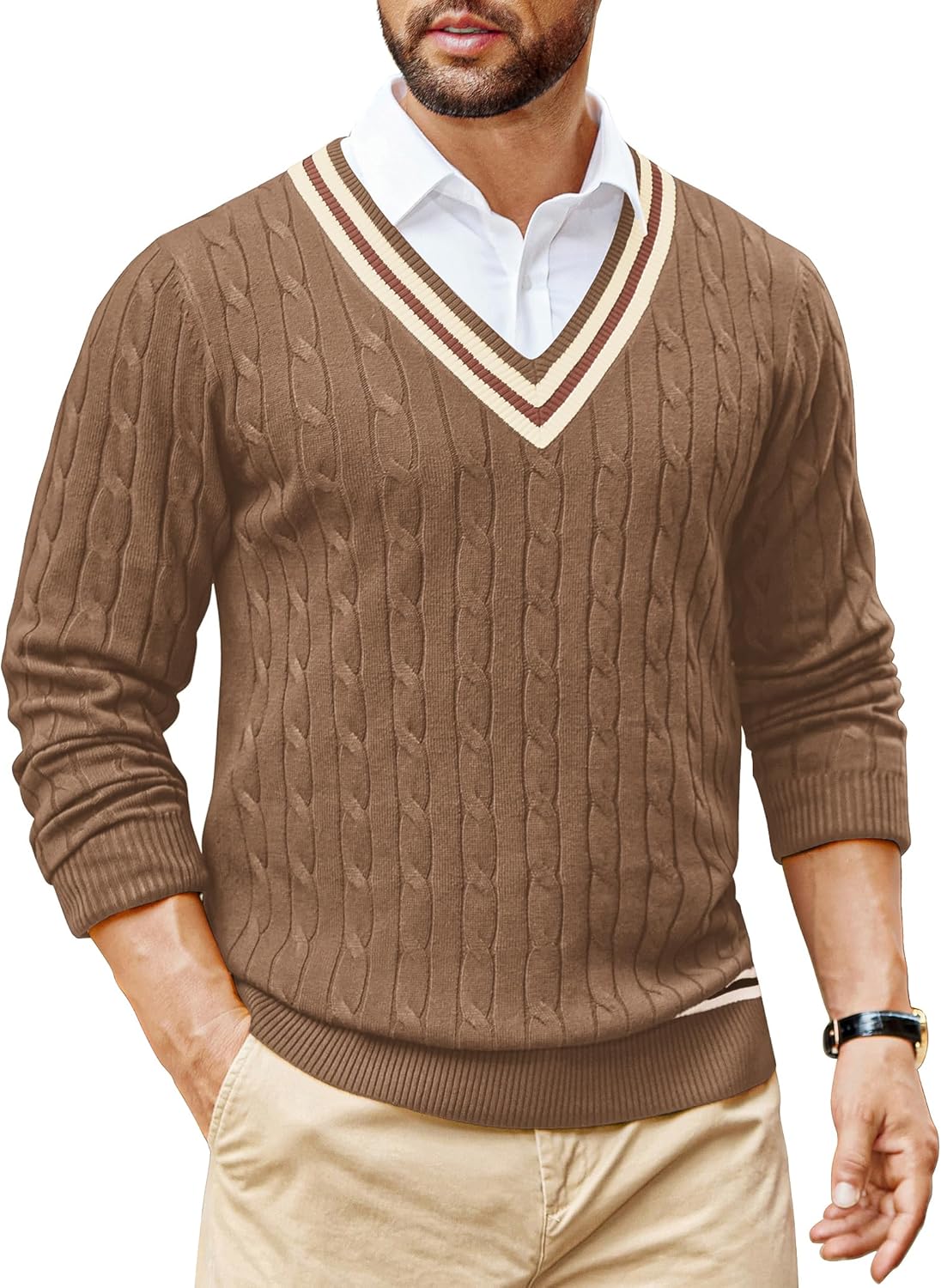 COOFANDY Mens V Neck Sweater Long Sleeve Cable Knit Sweater Fall Winter Pullover Slim Fit Stretchy Fabric Preppy Style