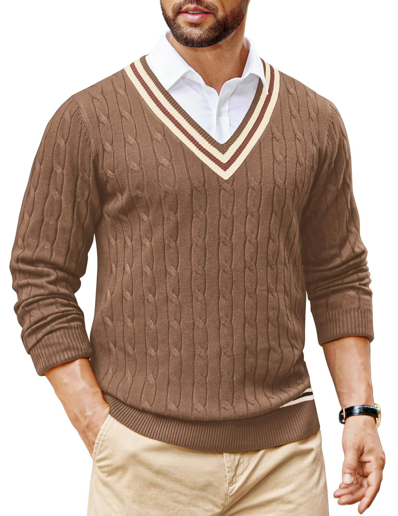 COOFANDY Mens V-Neck Sweaters Irish Knit Sweater Pullover Thick