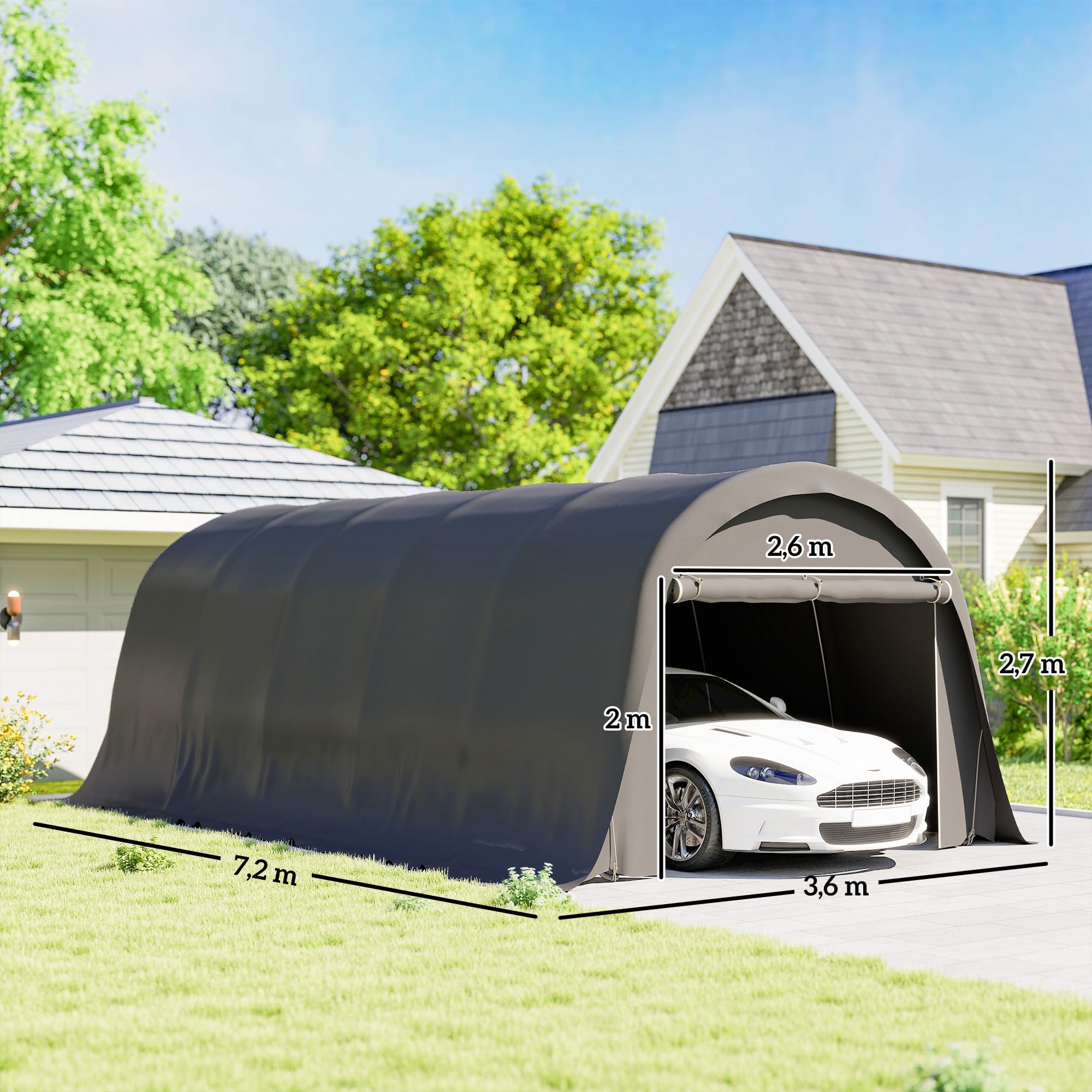 Outsunny Carport Tente de Garage 3,6 x 7,2 m, abri Voiture extérieur, Tente de Stockage avec parois latérales Amovibles et Grande Porte Roulante, carport pour Voiture, Camion, Bateau, Gris foncé