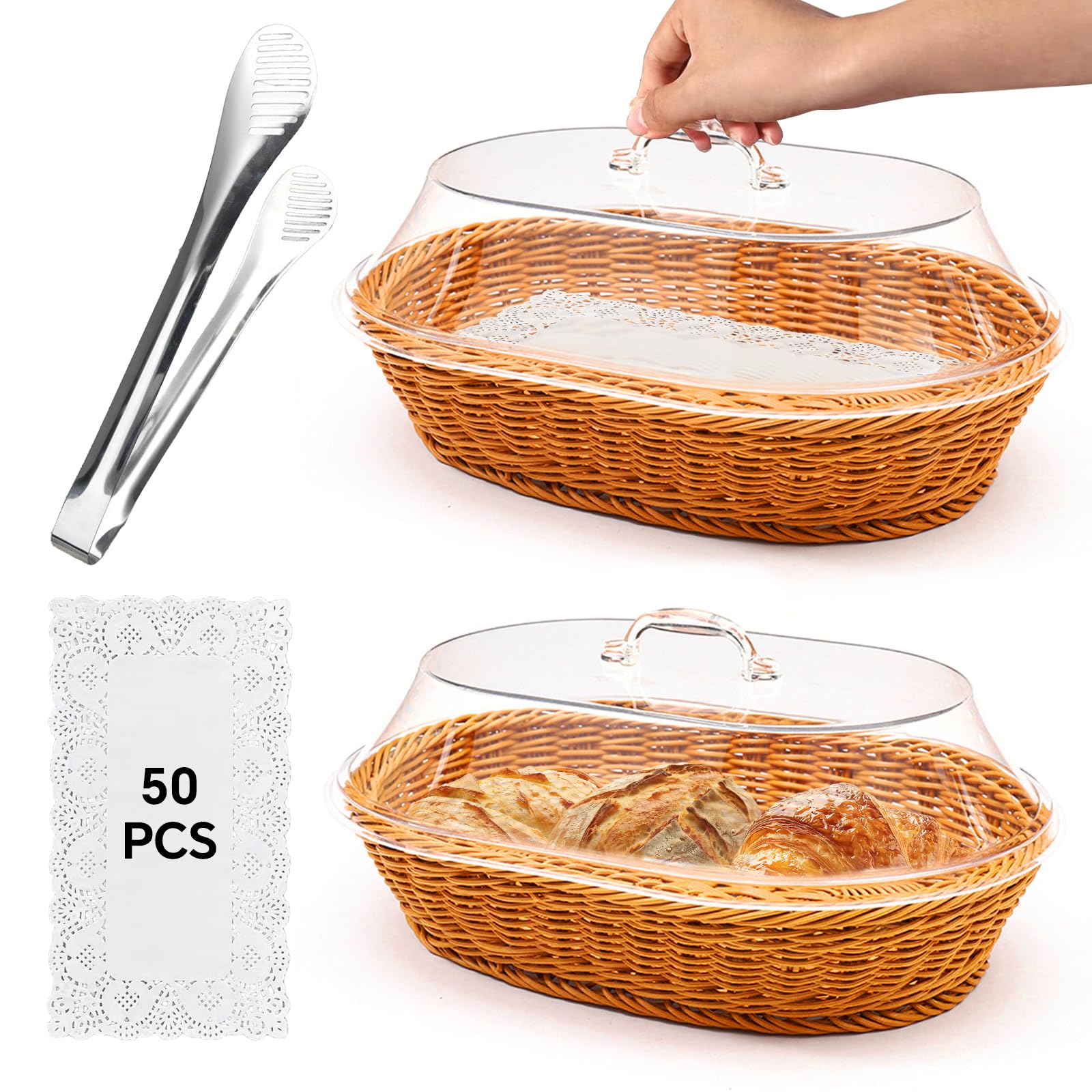 rattan bread baskets,oval woven baskets with acrylic lids,stainless steel tongs, lace doilies, for bread, fruit, food display plastic has a small crack