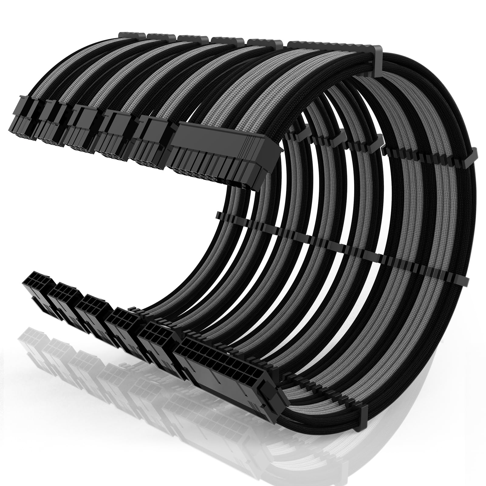 16AWG PSU Cable Extension Kit with Cable Combs,1x24pin ATX/2x8pin(4+4) EPS/3x8pin(6+2) PC Sleeved Cables 30cm Length,Power Supply Extension Cable Kit(Black/Gray) 6-PACK Black/Gray