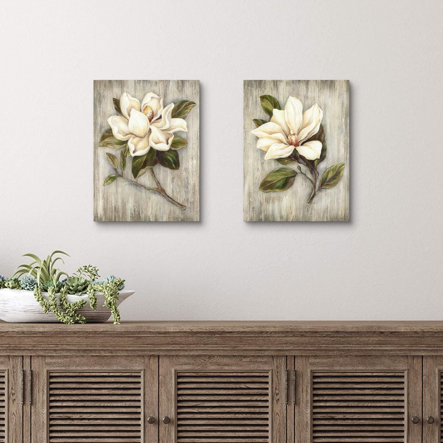 ArtSquare Magnolia Floral Canvas Wall Art: White Flower Artwork on Wood Texture Rustic Nature Blossom Painting Elegant Nature Picture Ready to Hang Prints for Bedroom Kitchen Dining Room