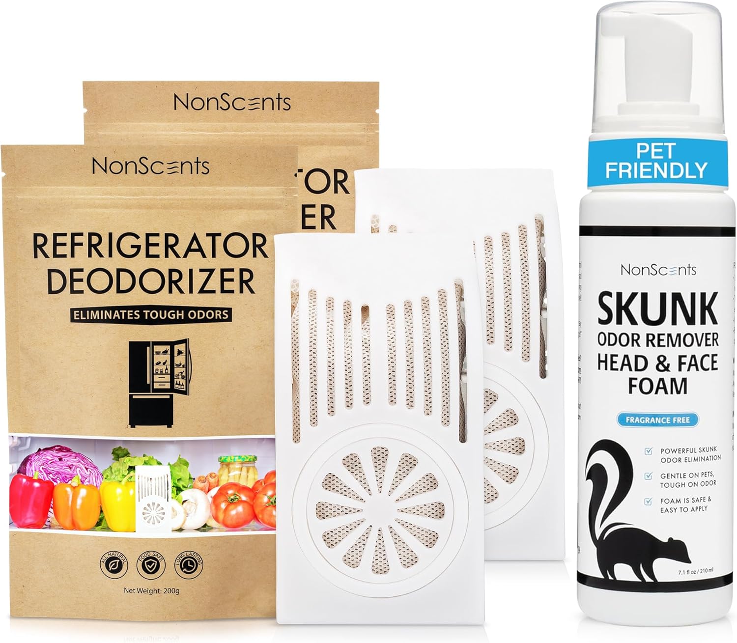 NonScents Odor Control Bundle – Refrigerator Deodorizer (2-Count) & Skunk Odor Remover Foam – Eliminate Fridge & Skunk Smells – Fragrance-Free, Long-Lasting Freshness for Pets, Carpets & More