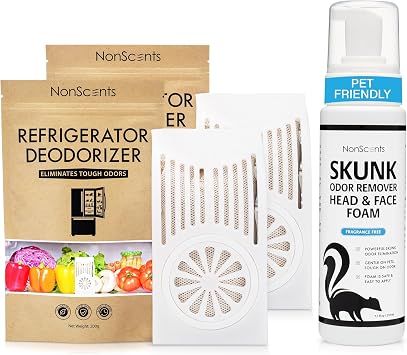 NonScents Odor Control Bundle Refrigerator Deodorizer 2-Count & Skunk Odor Remover Foam Eliminate Fridge & Skunk Smells Fragrance-Free, Long-Lasting Freshness for Pets, Carpets & More