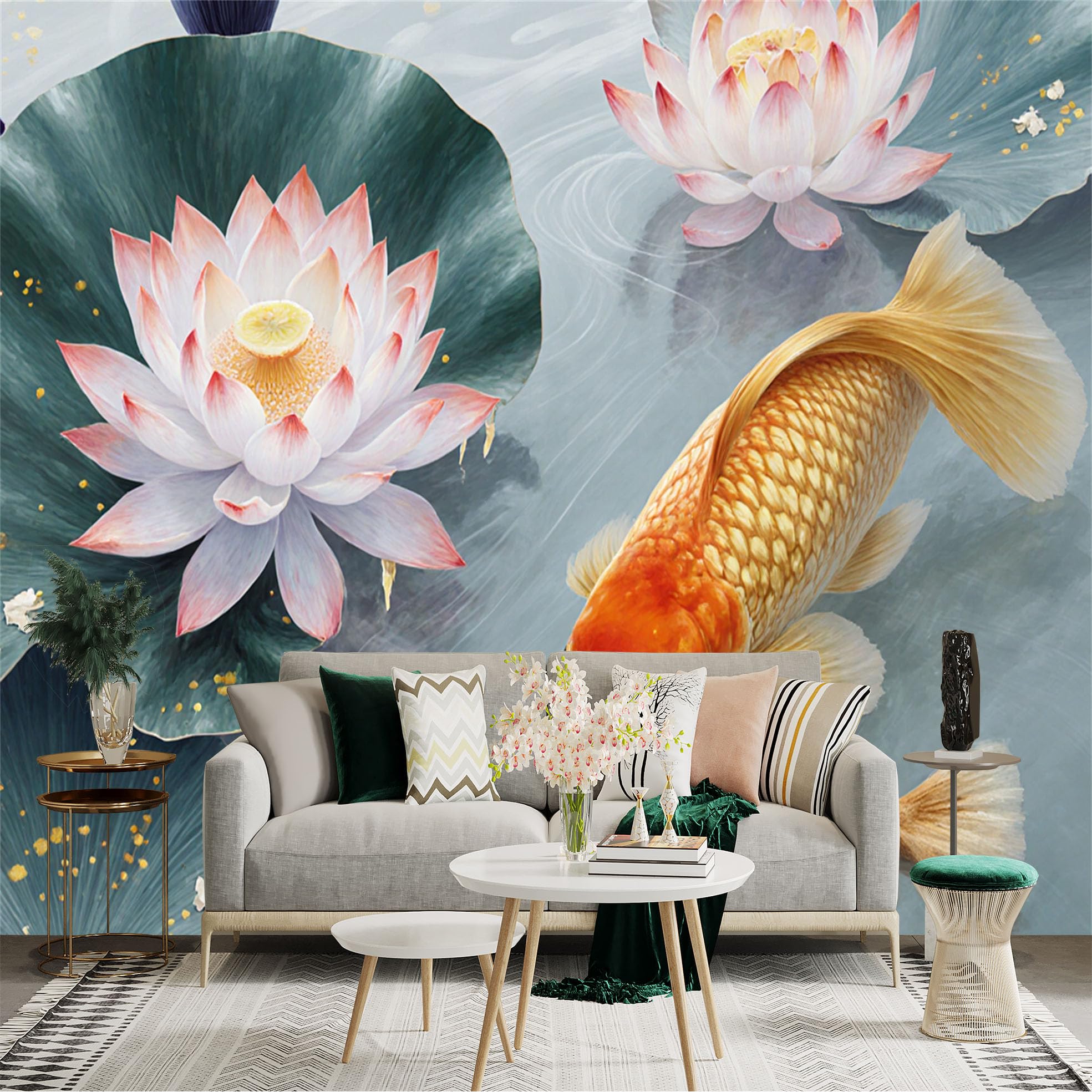 Custom Size Wall Sticker Mural， Elegant Golden Fish Swimming， Beautiful Pink Lotus Flowers， Serene Pond Surface， Peaceful Nature Art， for wall Decoration， peelandstick wall Decals.