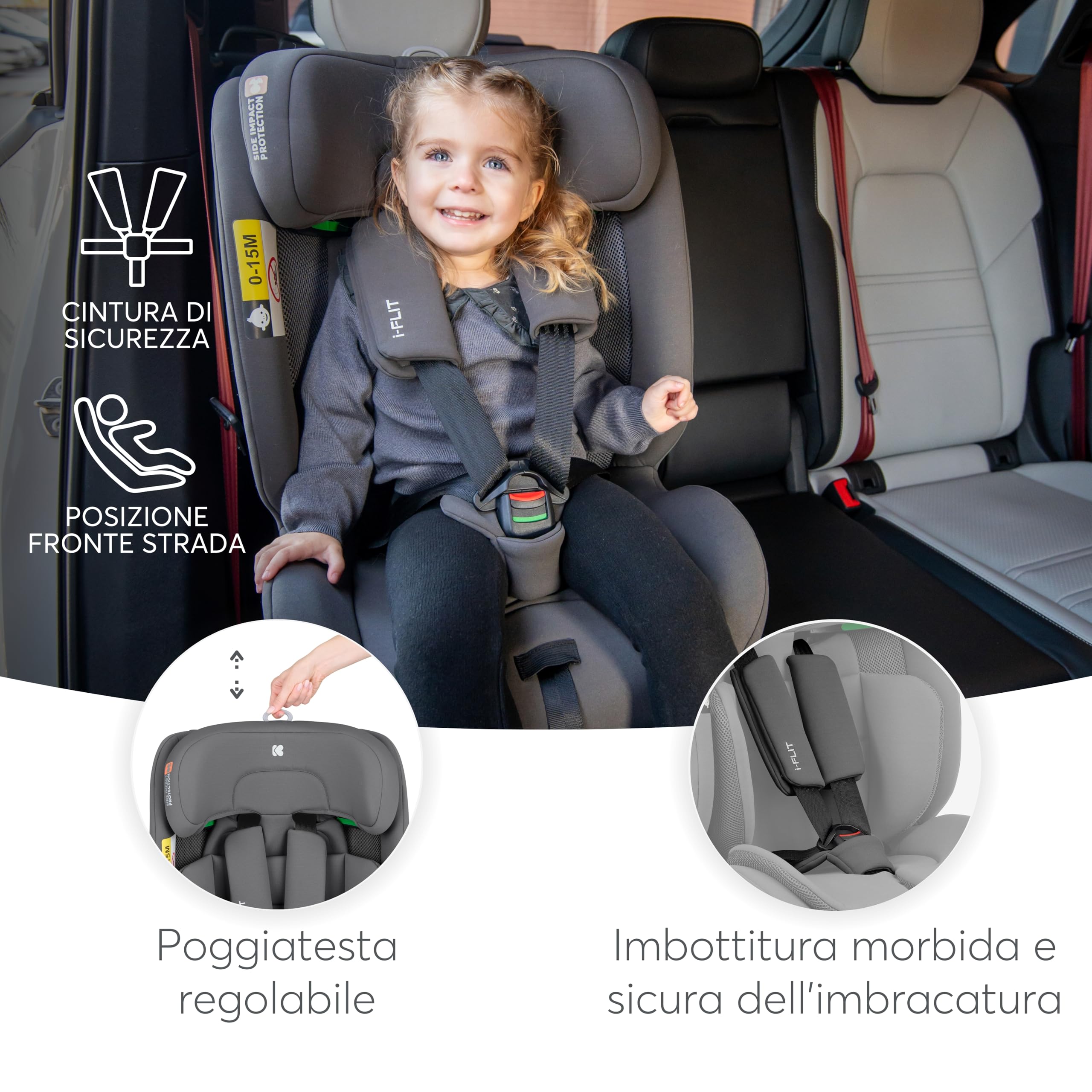 KikkaBoo i-Size i-FLIT, Seggiolino Auto 9-36 kg ISOFIX – Gruppo 1/2/3, Reclinabile, da 15 mesi a 12 anni, Protezione SPS, Top Tether, Poggiatesta Regolabile, Grigio scuro