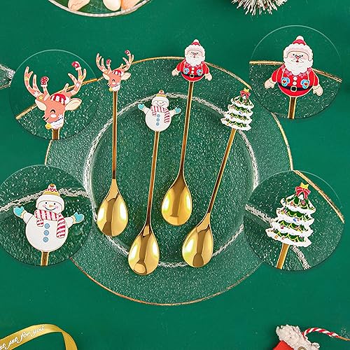 Miniatura 2 de GLKTOPO 4 cucharas de café de Navidad, cuchara agitadora de acero inoxidable para decoración de vajilla de Navidad, Papá Noel, alce, muñeco de