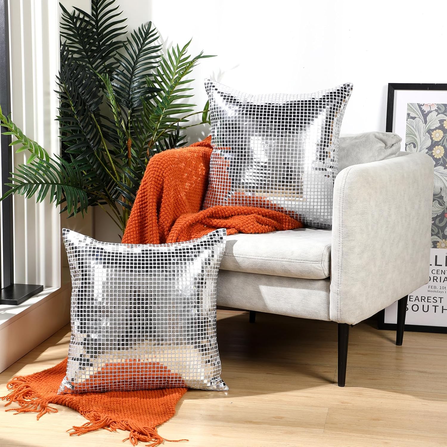 Fanfanwin 4 Pcs Silver Disco Ball Pillow Covers 18x18 Inch Sequin Glitter Decorative Pillowcase Shiny Couch Throw Pillow Cover Cushion Case for Home Bed Living Room Sofa Birthday Wedding Party Decor