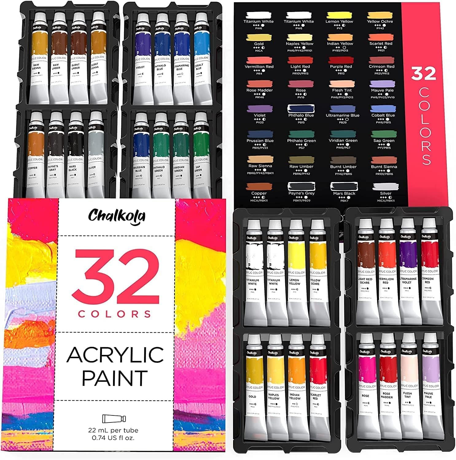 Chalkola Acrylic Paint Set for Adults, Kids and Artists 32 Acrylic
