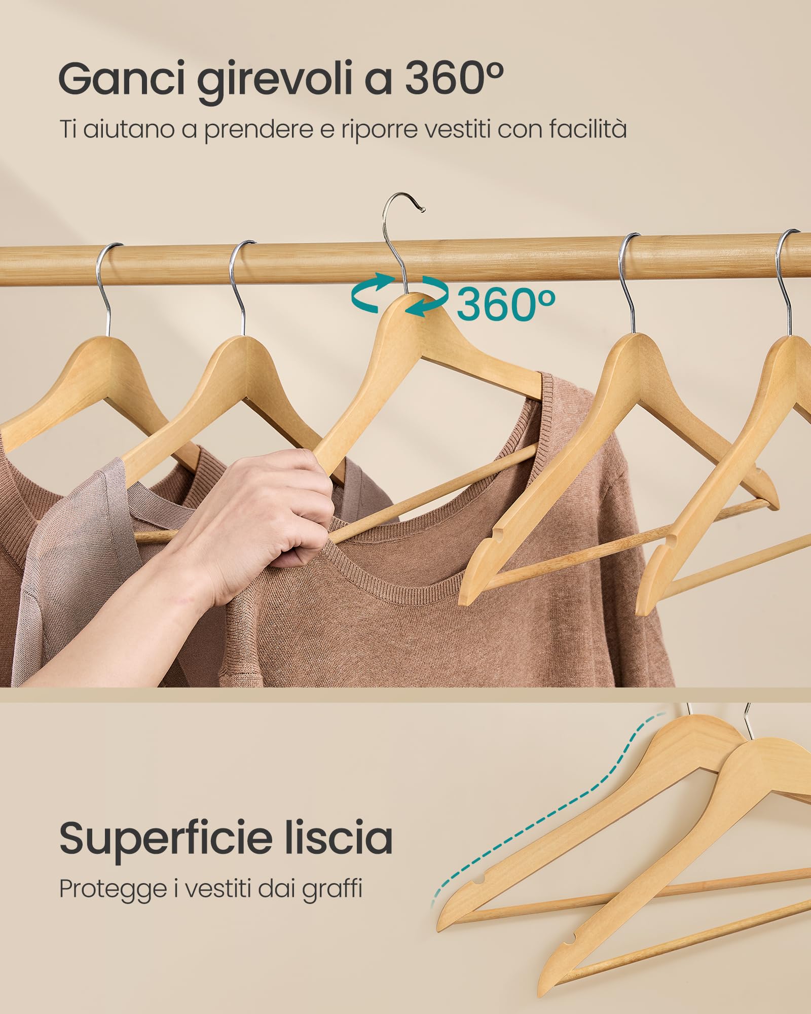 SONGMICS Grucce Appendiabiti Legno, 20 Pezzi, Appendini, Salvaspazio, Scanalature su Spalle, Gancio Girevole a 360°, Legno di Betulla, per Pantaloni Giacche, Beige Naturale CRW040K01