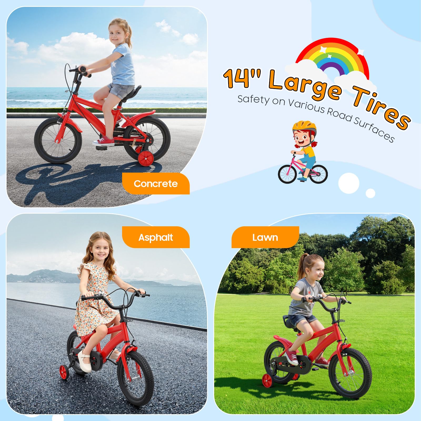 Vélo pour enfant de 14 pouces, avec roues stabilisatrices et double système de freinage, selle réglable, convient aux enfants à partir de 3 ans qui apprennent le cyclisme, le cyclisme en plein