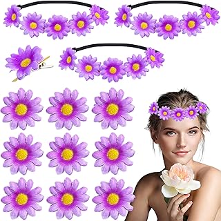Oenothera 13 Stücke Gänseblümchen Haarband, Blumen Haarband, Blumenkränze Fürs Haar, Stirnband Blumen, für Mädchen Frau Braut Brautjungfer für Hochzeit Geburtstag Party(Lila)