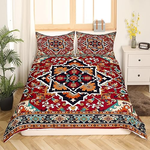 Erosebridal Juego de funda de edredón floral tribal, tamaño Queen, diseño de flores geométricas, color rojo, verde azulado, verde, cuadriculado,