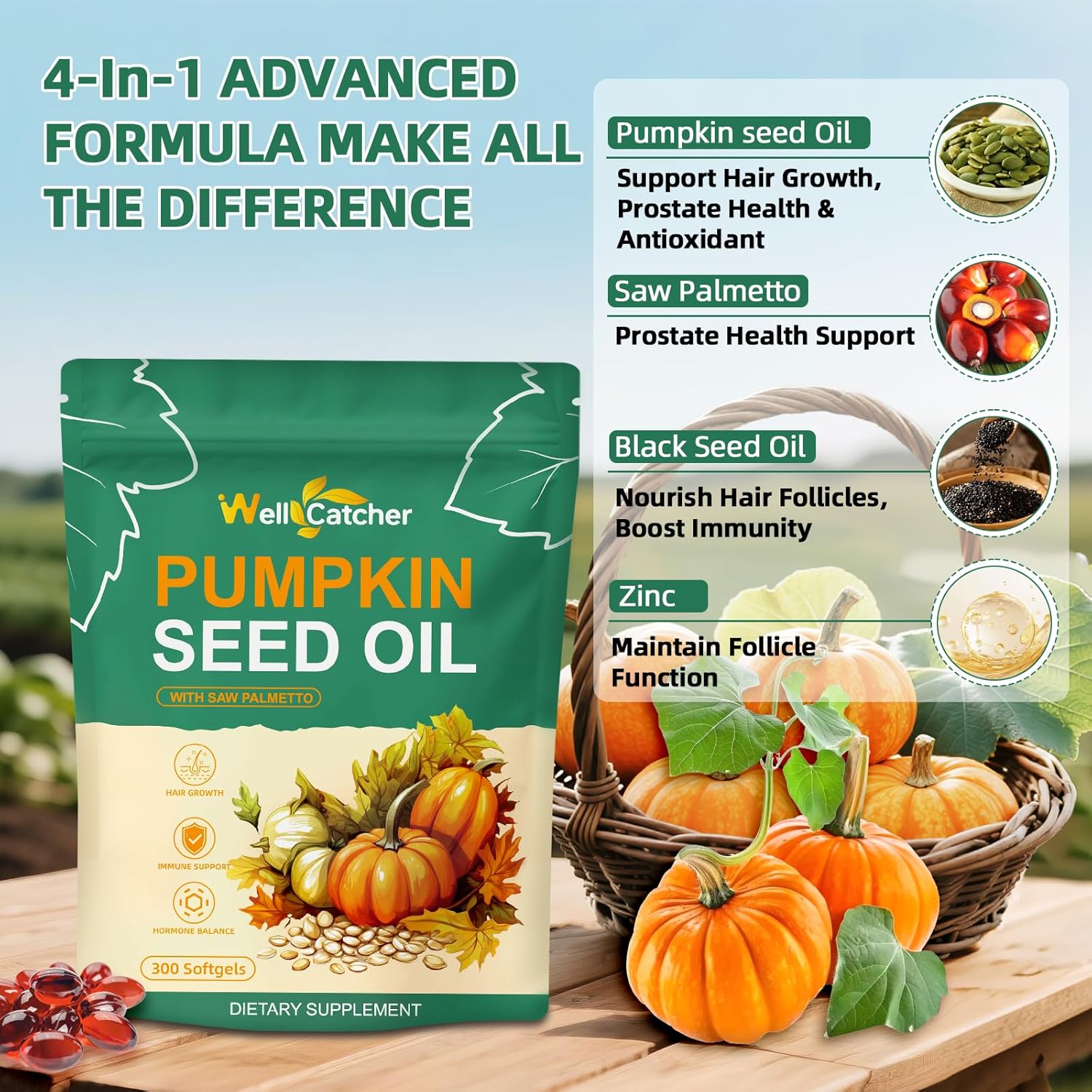 Pumpkin Seed Oil with Saw Palmetto Softgels: Organic 3000mg Pumpkin Seed Oil Capsules Cold Pressed for Hair Growth Bladder & Prostate Health Support with Black Seed Oil Zinc Per Serving 100 Servings - Image 2