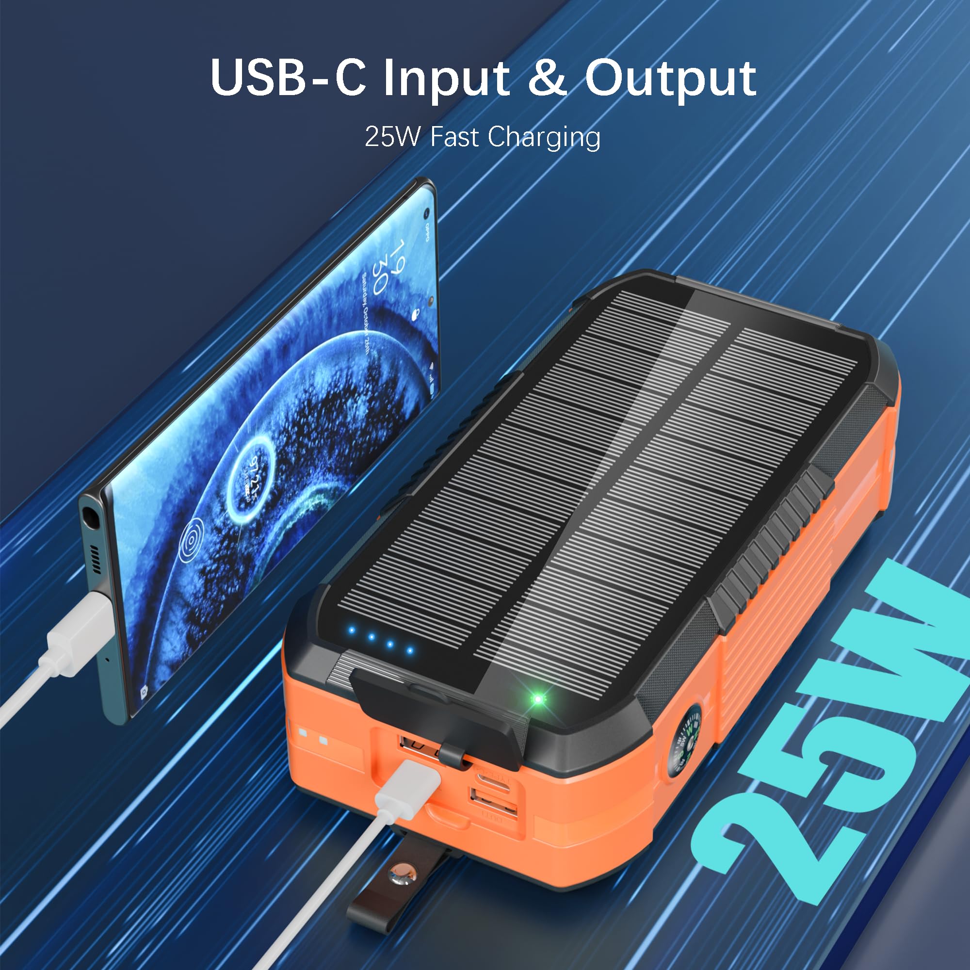 Power Bank Solare 73200mAh – 2 Cavi, Manovella, Torcia, Bussola, 22.5W E 6 Uscite