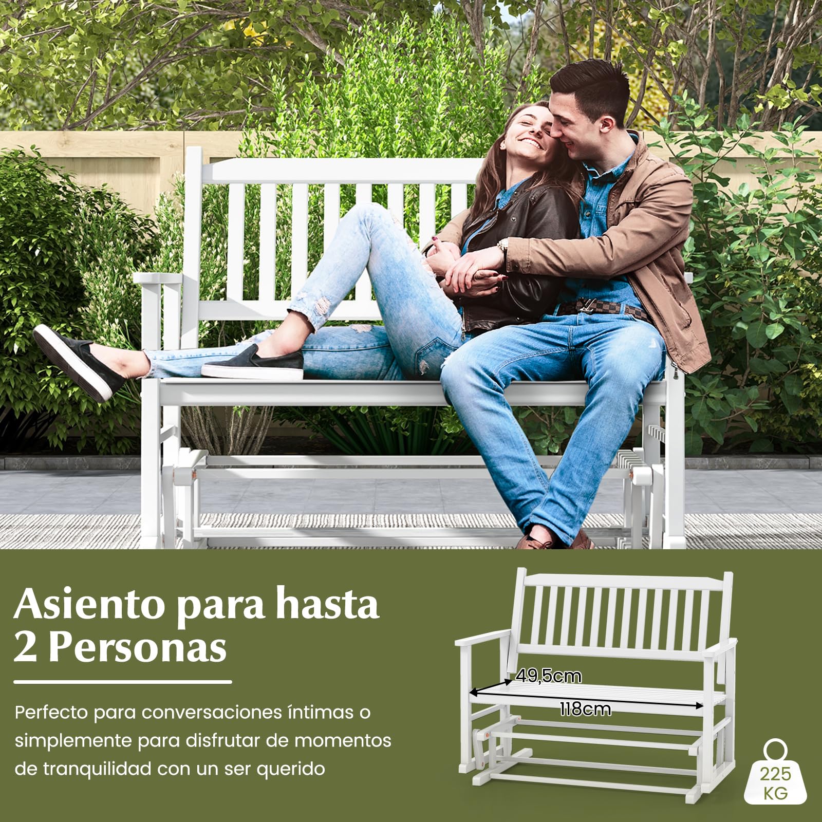 COSTWAY Banco Balancin Jardin Exterior 2 Plazas, Mecedora con Asiento de Listones y Respaldo Curvado, Deslizamiento Suave y Seguro, Blanco, 126 x 68 x 100 cm