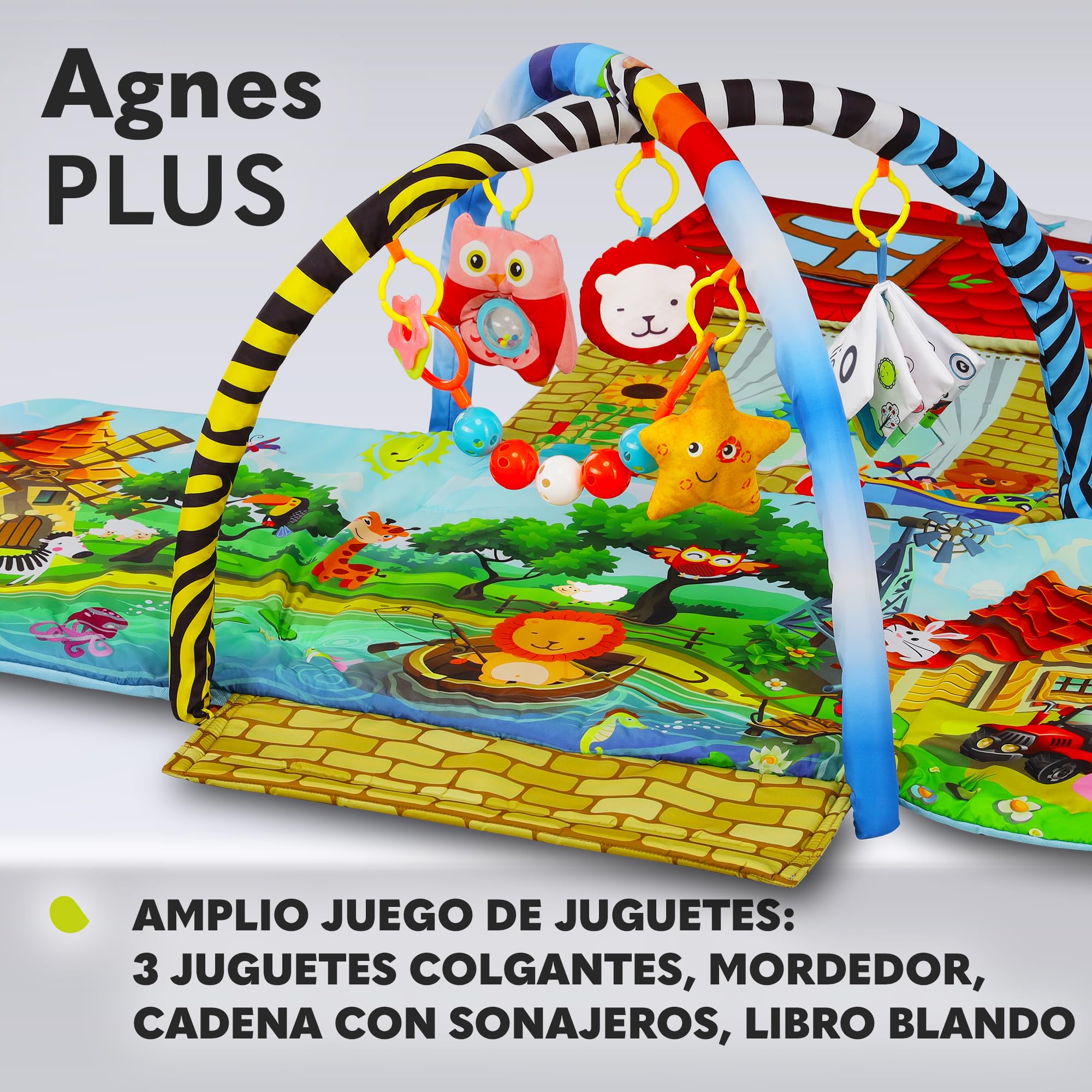 lionelo Agnes 2en1 Manta de Gateo para el bebé, Alfombra de Juego para el bebé, 2 Arcos de Juego, casa de Juego, Libro de Tela, Juguetes de Colores, Cadena de sonajeros, Fondo Reforzado