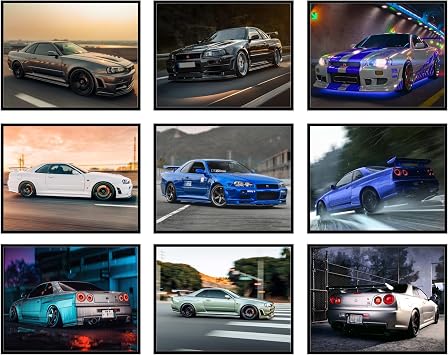 BigWig Prints Nissan Skyline GTR R34 Poster - JDM Nissan Skyline Poster, GTR Wall Art, Teen Boys Bedroom, Decor for Garage, Cool Car Art For Bedroom - Unframed Set of 9 8x10