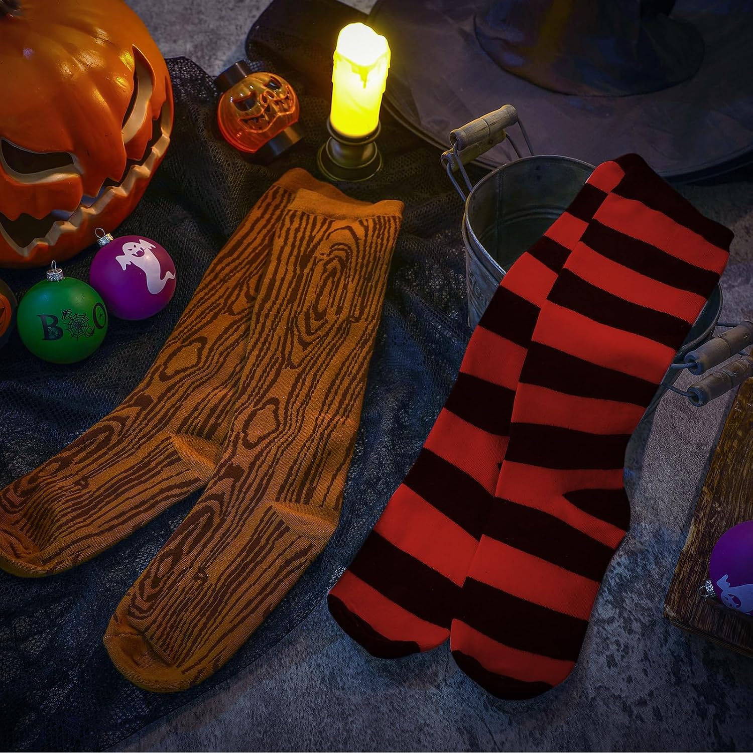 Skicuff 2 Pair Pirate Costume Accessories Wood Grain Pattern and Stripes Peg Leg Socks for Adults Halloween Cosplay Party