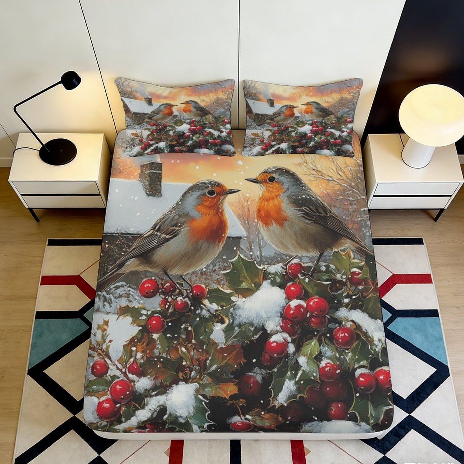 3D Printed Robin Bird Fitted Sheet Microfiber Soft Breathable Winter Berry Bed Cover for Bedroom Decor Protection 90x200x25cm