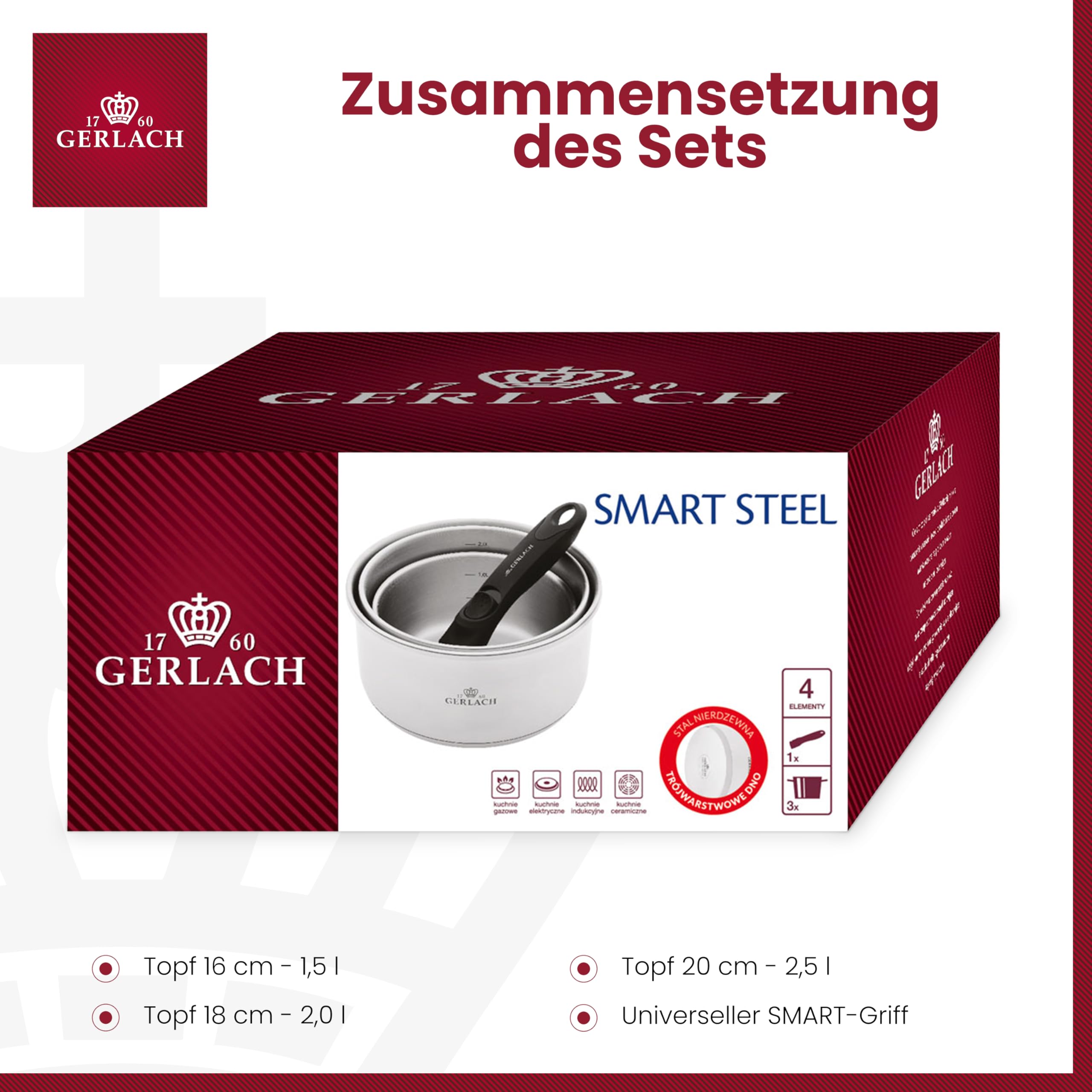 Gerlach Smart Steel Topf-Set Edelstahl Abnehmbarer Griff Kochtopf-Set Induktion Induktionstöpfe-Set Töpfe-Set Induktionsgeeignet Kochgeschirr 3 Stück, Groß, Silber