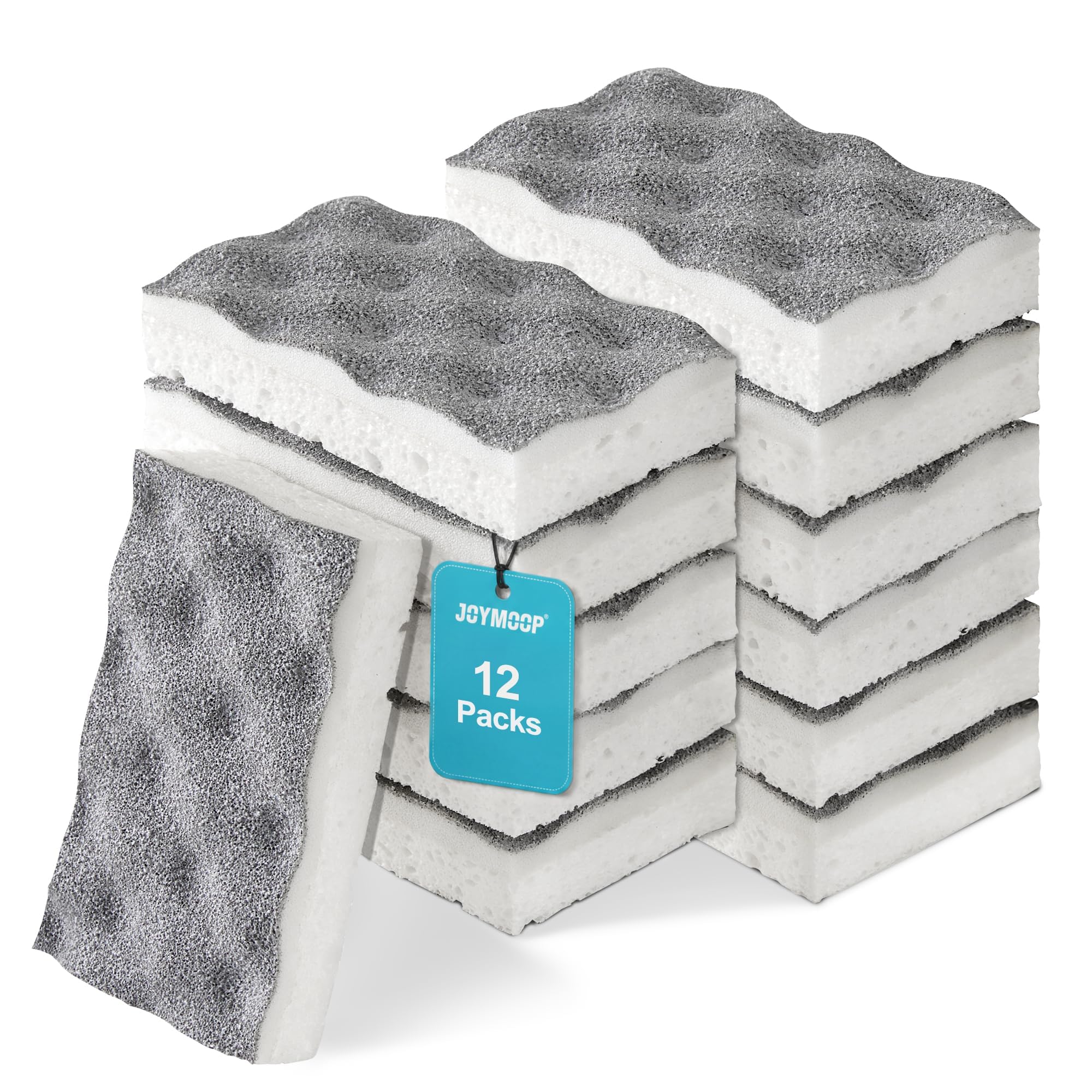 JOYMOOP Textured Clean Sponges, Dual-Sided Non-Scratch Soft Scrub Dish Sponge, Safe for Non-Stick Cookware, Kitchen and Household Cleaning, 12 Pack [Grey &amp; White]