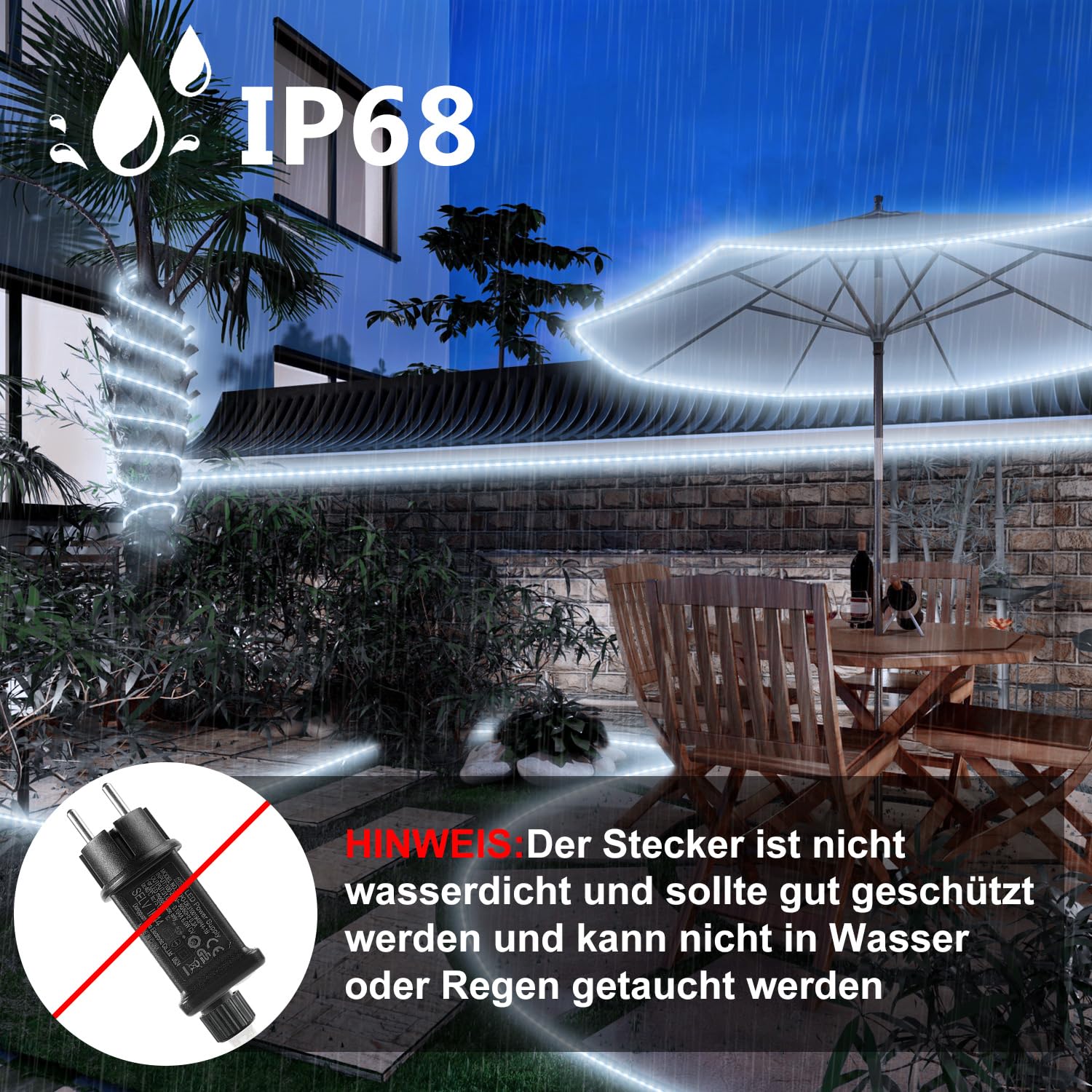 20 m 800 LED manguera exterior (diámetro: 5,5 mm), cadena de luz exterior conectable, luz blanca fría LED manguera de luz con mando a distancia, 8 modos de luz, funciona con corriente para jardín
