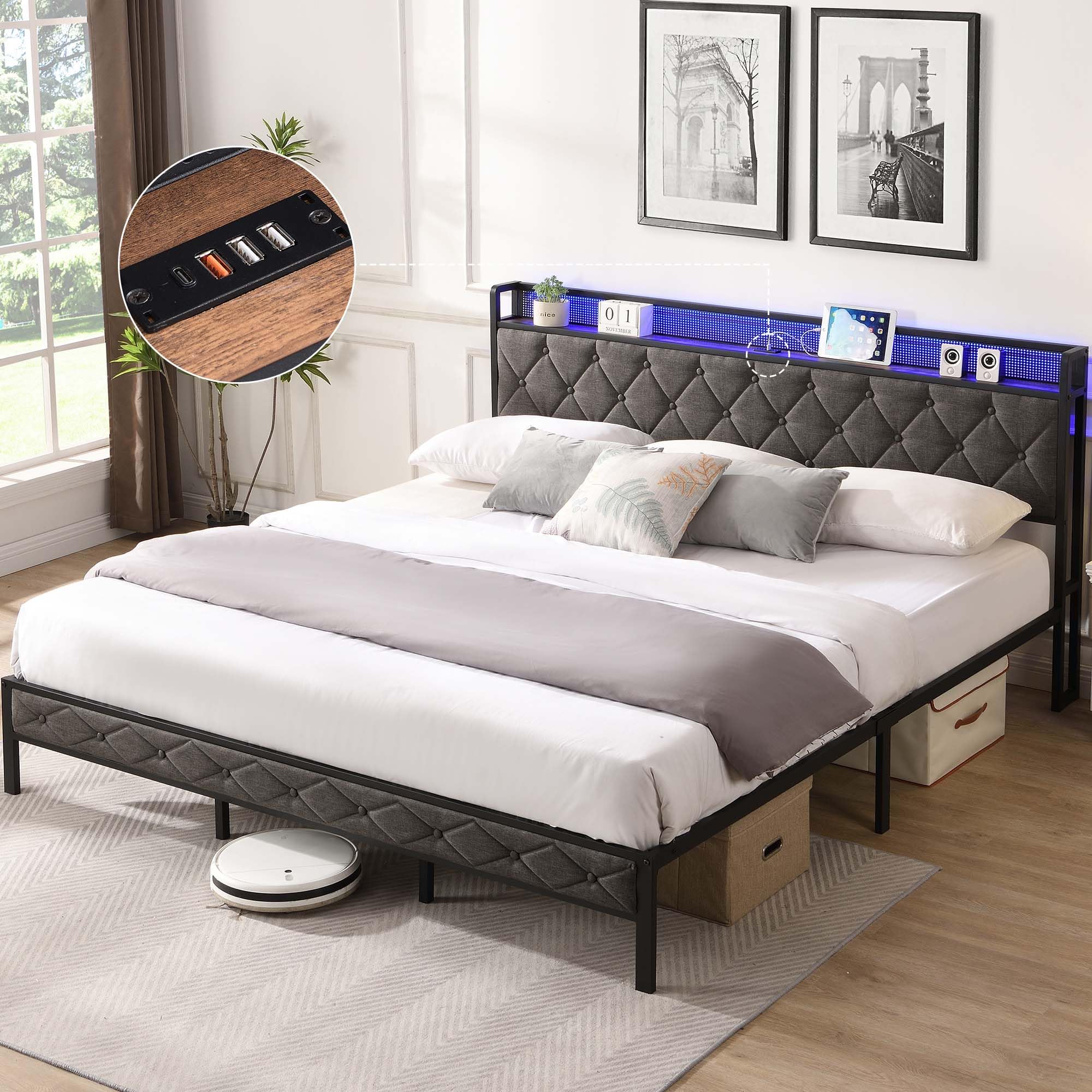 Metal Platform Beds with Headboard King Size Bed Frame with Charging Station LED Lights Heavy Metal Slats King