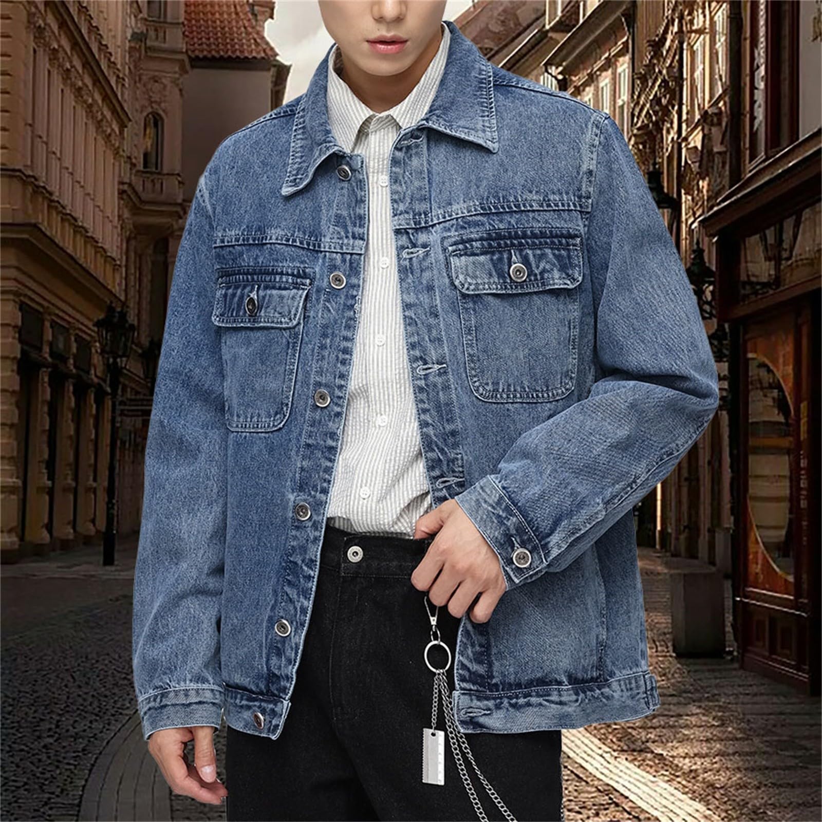 Generisch Giacca di jeans da uomo 4XL, taglie forti, giacca college con tasche e bottoni, giacca per le mezze stagioni, a maniche lunghe, con risvolto, tinta unita, giacca sportiva, comoda e versatile