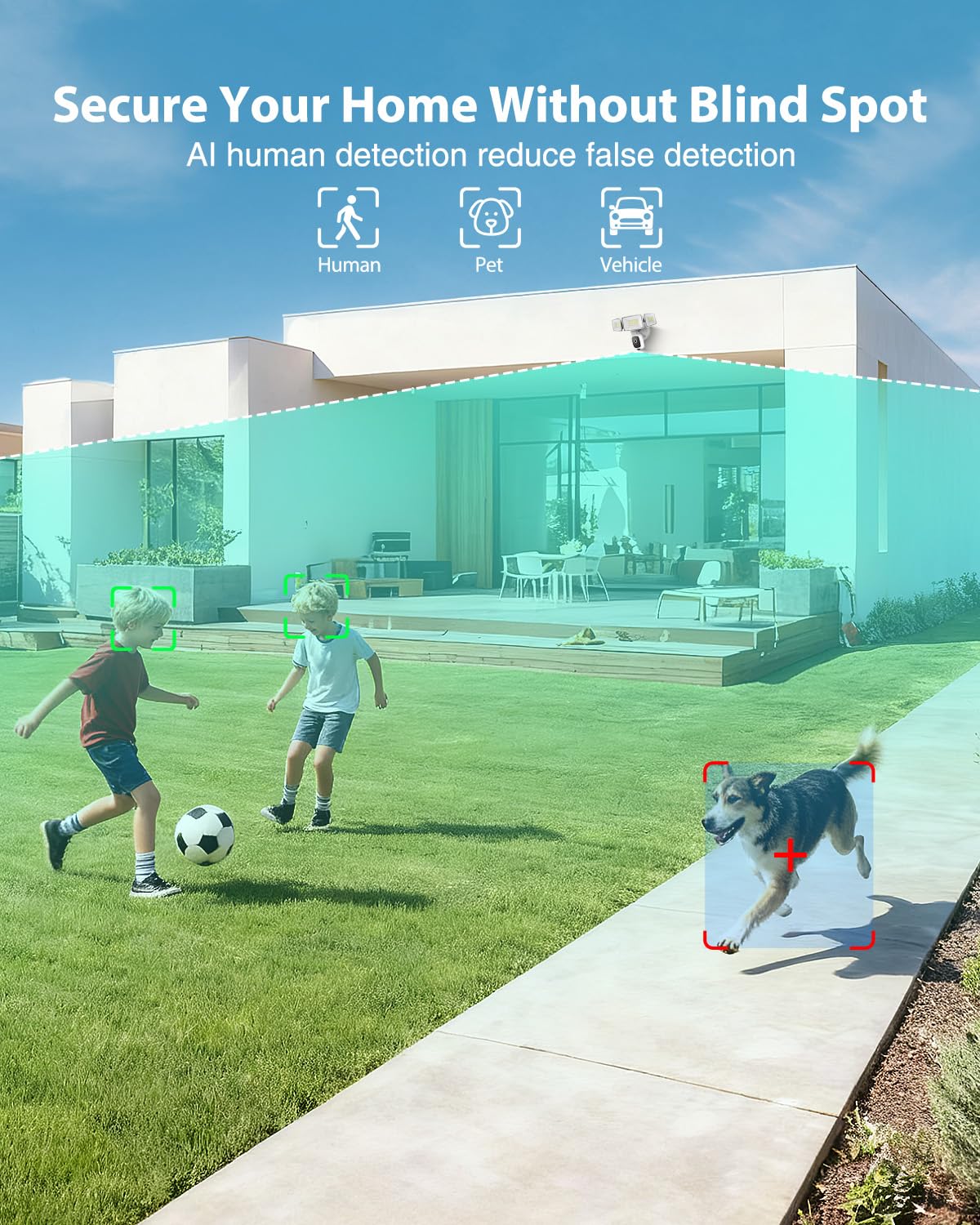 Telecamera proiettore 6500LM cablata, telecamera di sicurezza HD 2K per esterni con attivazione del movimento, visione notturna a colori, registrazione 24/7, audio a 2 vie, WiFi 2.4G, sirena