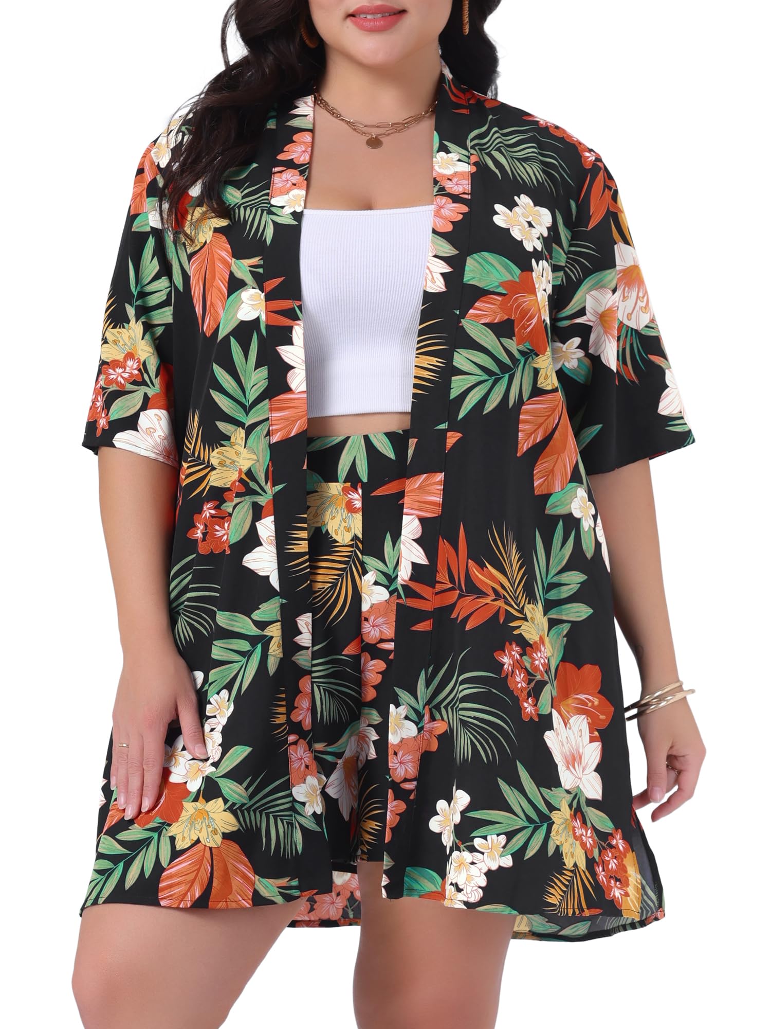 Agnes Orinda Plus Size 2 Piece Outfit for Women Tropical Print Kimono Floral Tops and Shorts Sets Vacation