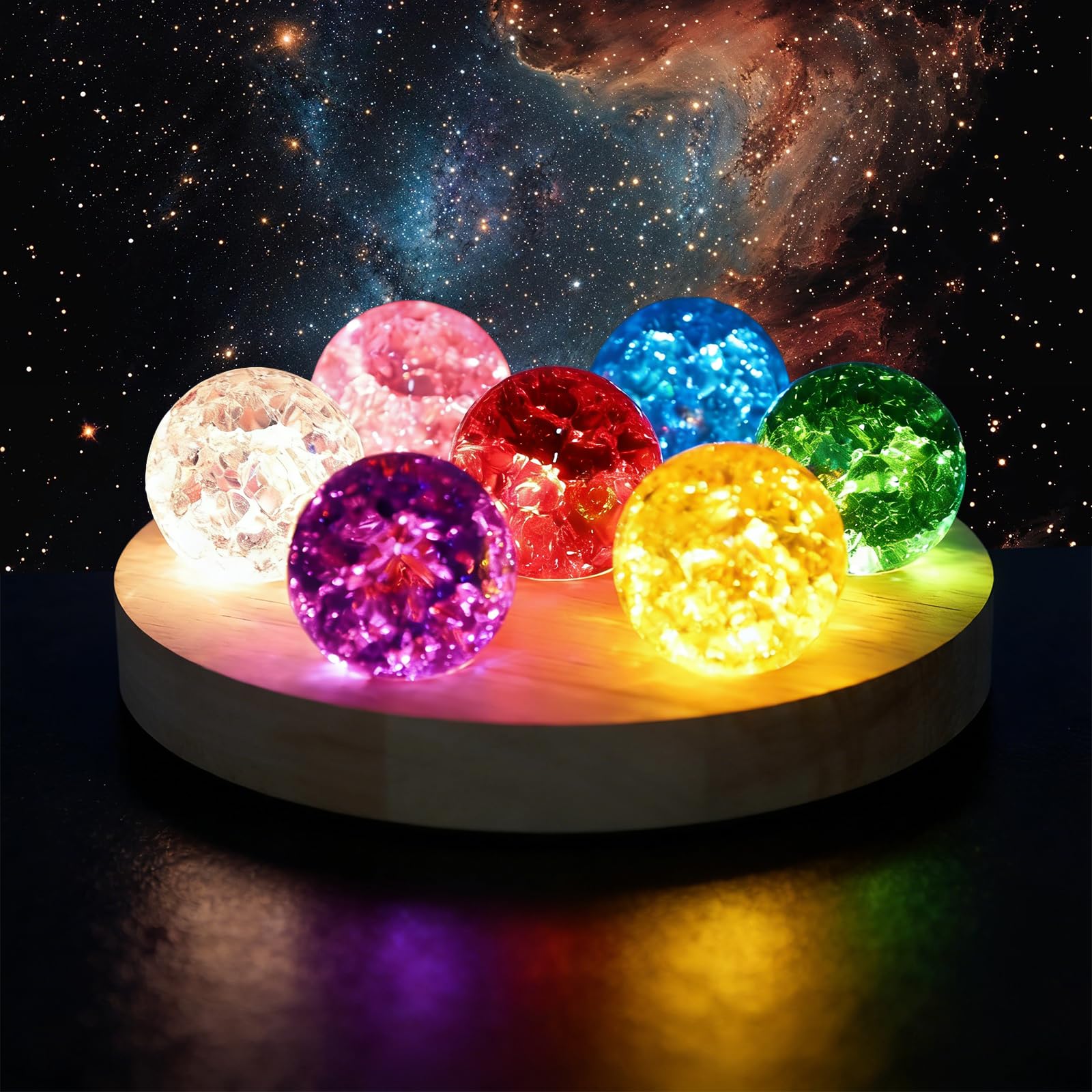 7 kolorowych szklanych kryształowych kul z lampą LED drewniany stojak, naturalne czakry kule nocne światło, obsługa USB, nowoczesny element dekoracyjny do salonu, 17,27 × 17,27 × 6 cm
