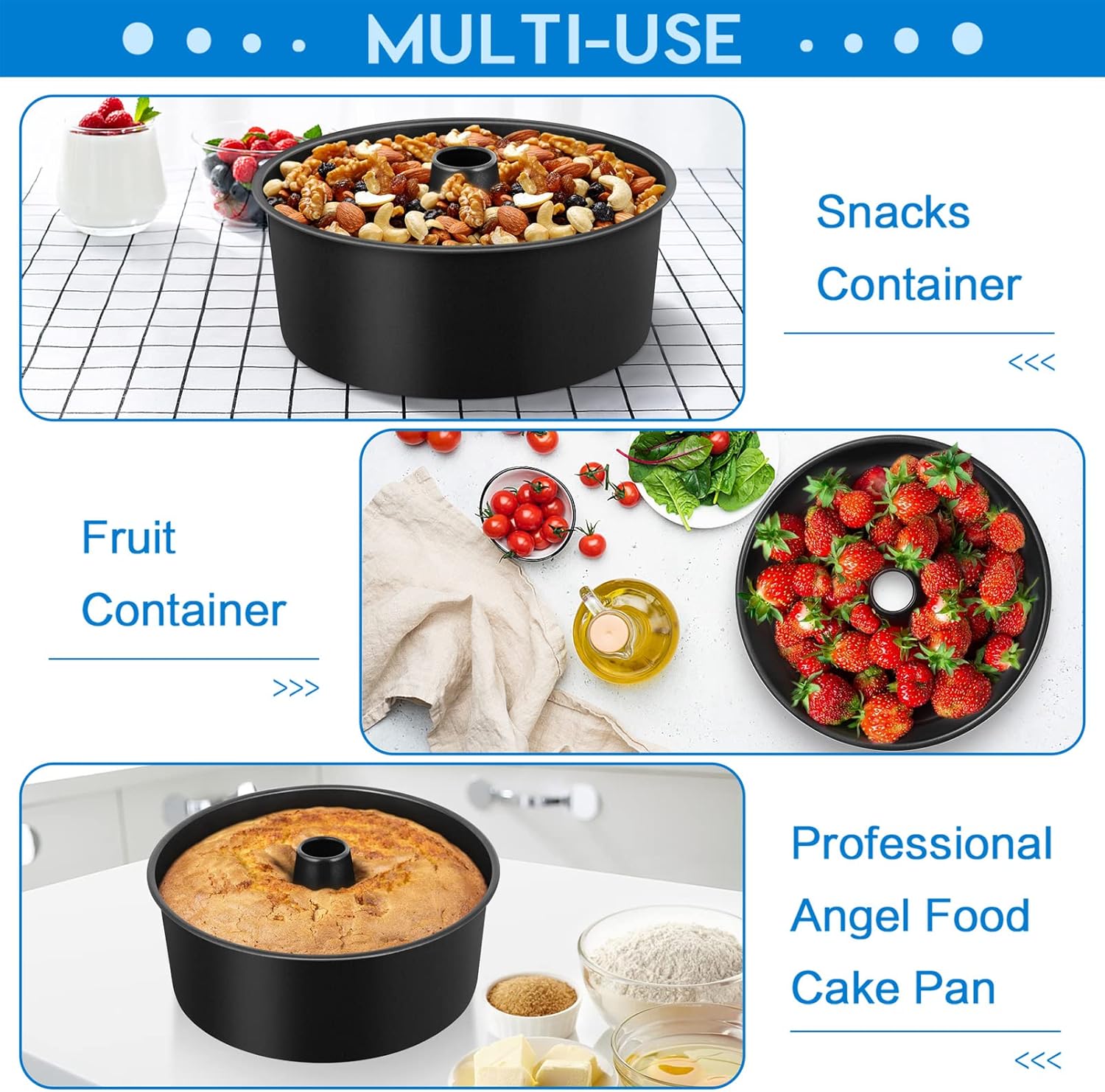 TeamFar 10 Inch Angel Food Cake Pan, Non-Stick Coating Stainless Steel Core Pound Cake Pan with Tube, for Home/Kitchen, Healthy & Heatproof, One-piece & Hollow Design, Release& Clean Easily