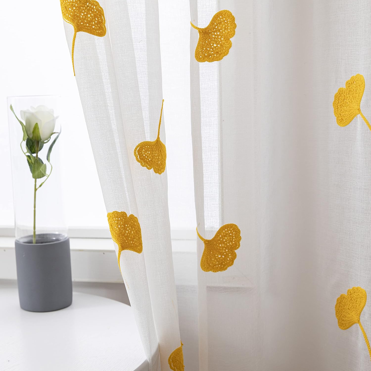 ZJYPRSCU Yellow Curtains Sheer Mustard Embroidered Ginkgo