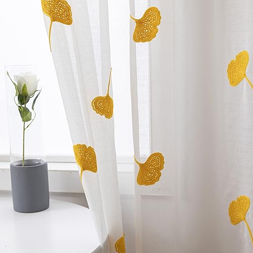 Miniatura 3 de Cortinas traslúcidas amarillas de 95 pulgadas de largo bordadas con estampado de hojas, aspecto de lino, cortinas semitransparentes para dormitorio