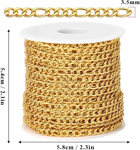 Miniatura 4 de 33 pies Cadena Figaro de acero inoxidable chapada en oro de 18 quilates, 0.138 in de ancho 304 cadenas de eslabones de acero inoxidable rollo a