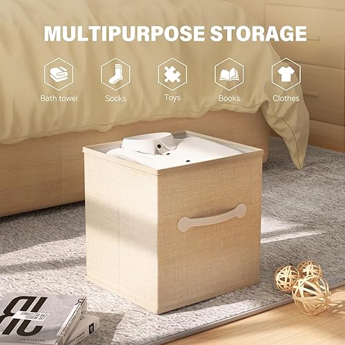 Miniatura 2 de CODCAW - Cubos de almacenamiento de tela cubos de almacenamiento con asas de cuero duales paquete de 4 cubos plegables para estantes hogar oficina
