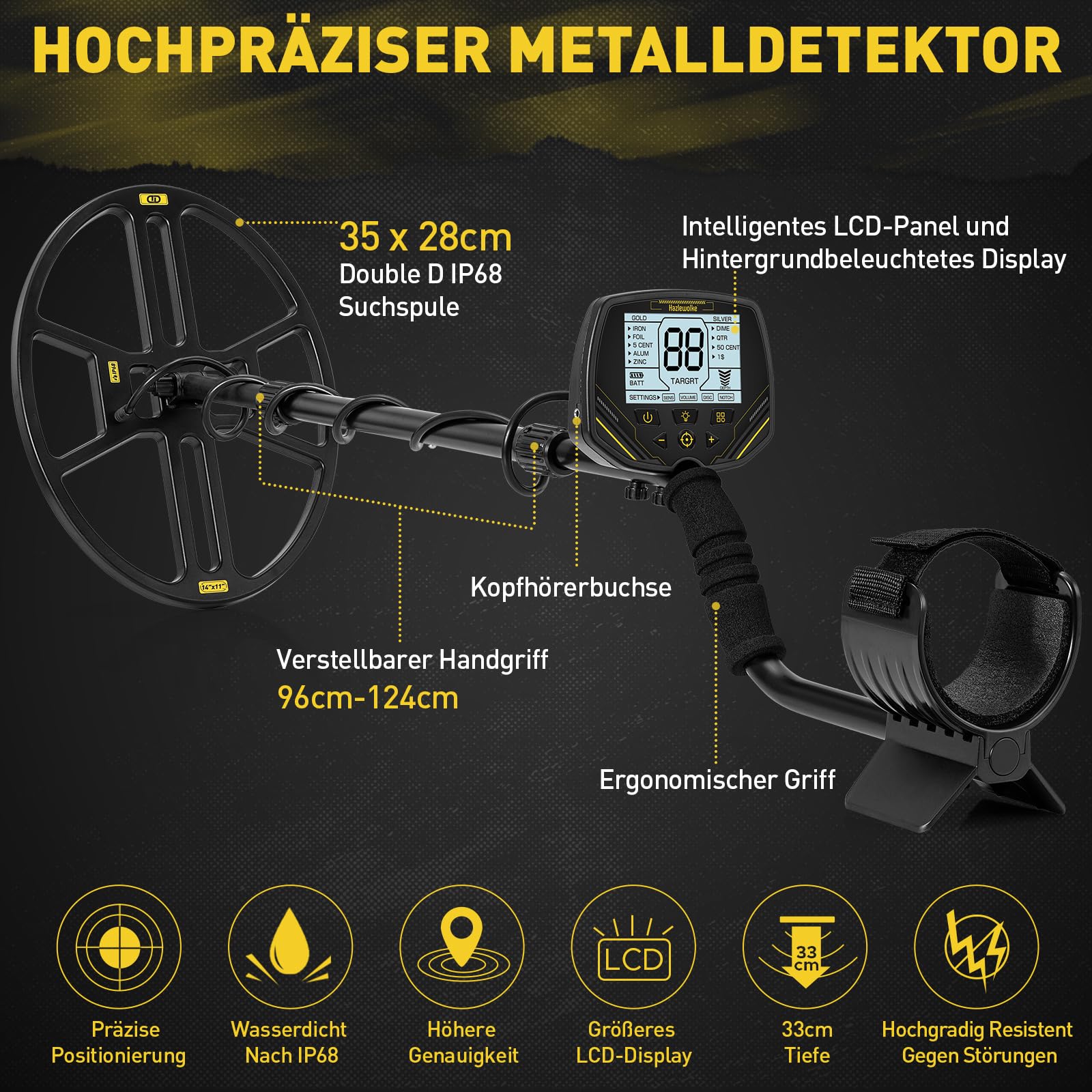 Hazlewolke Metalldetektor Mit 14'' Großer Wasserdichter Doppel-D-Suchspule, 4 Modi, Hohe Empfindlichkeit und Lokalisierung, Metalldetektor für Erwachsene Mit Beleuchtetem LCD-Display - DD90
