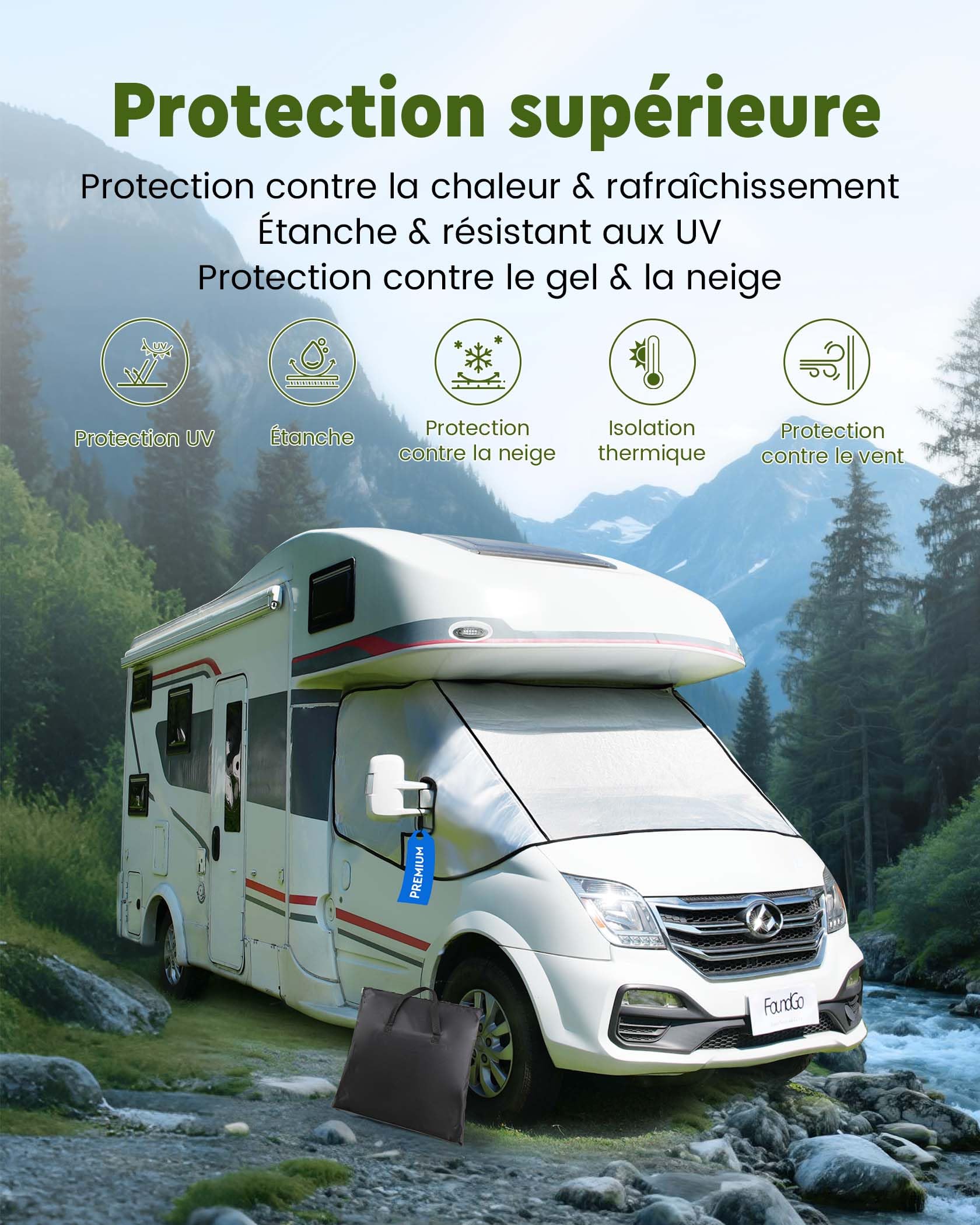 FoundGo Couvre-pare-brise avant pour camping-car avec fermetures éclair en aluminium argenté, housse isolante thermique avec poche, compatible avec FIAT Ducato, Peugeot Boxer, Citroën Relay X250/290 à