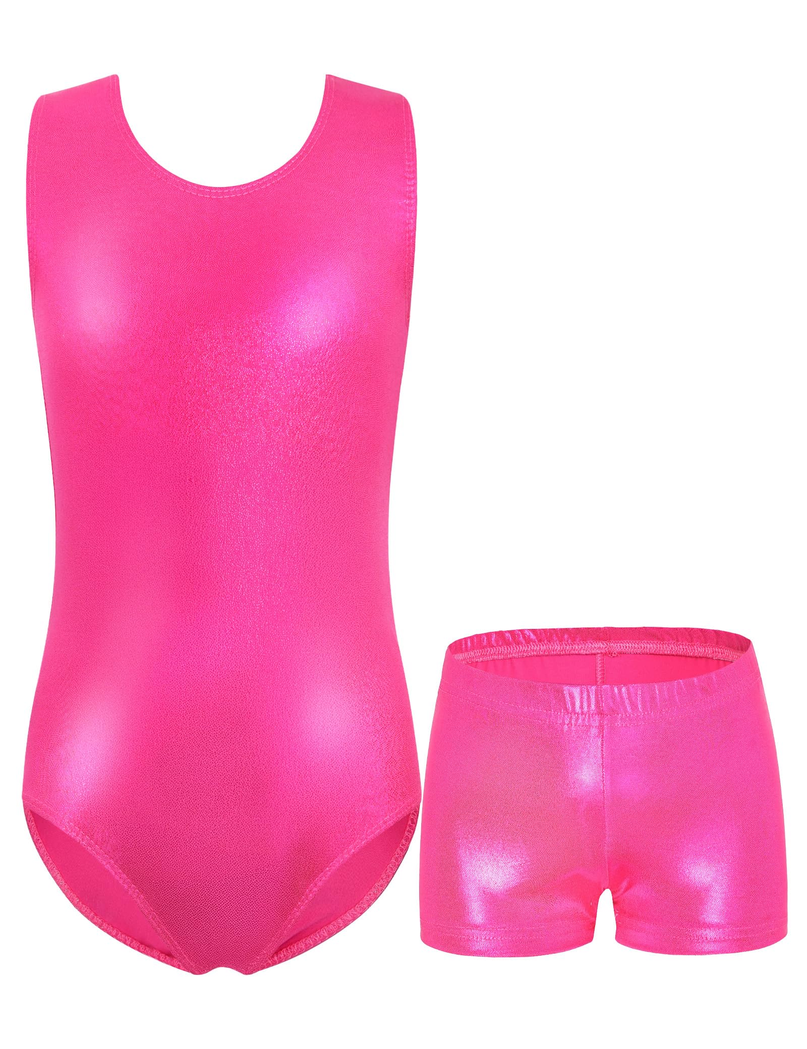 DomusgoGirls Gymnastics Leotards Set One Piece Sleeveless Tumbling Outfits with Matching Shorts Size 5-12 Years Old