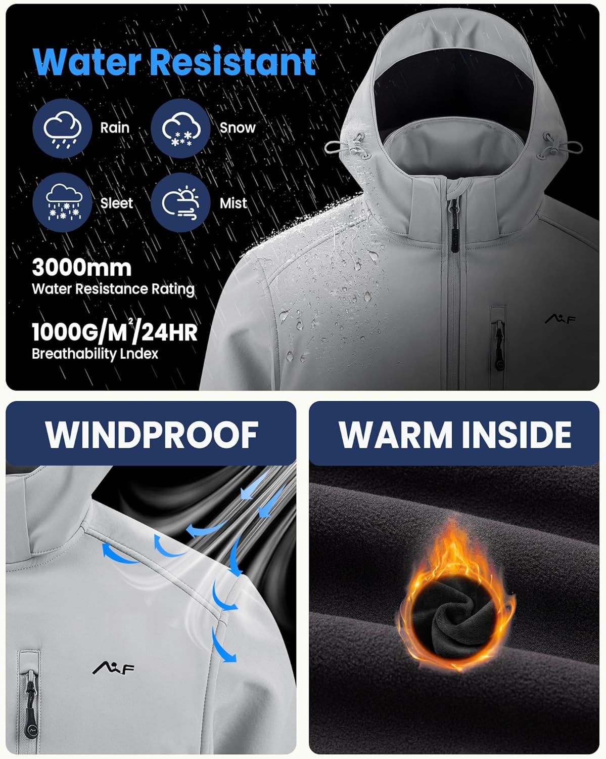 WULFUL Men's Softshell Jacket Waterproof Lightweight Insulated Windbreaker Fleece Lined Rain Shell Jacket for Hiking Travel - Image 4