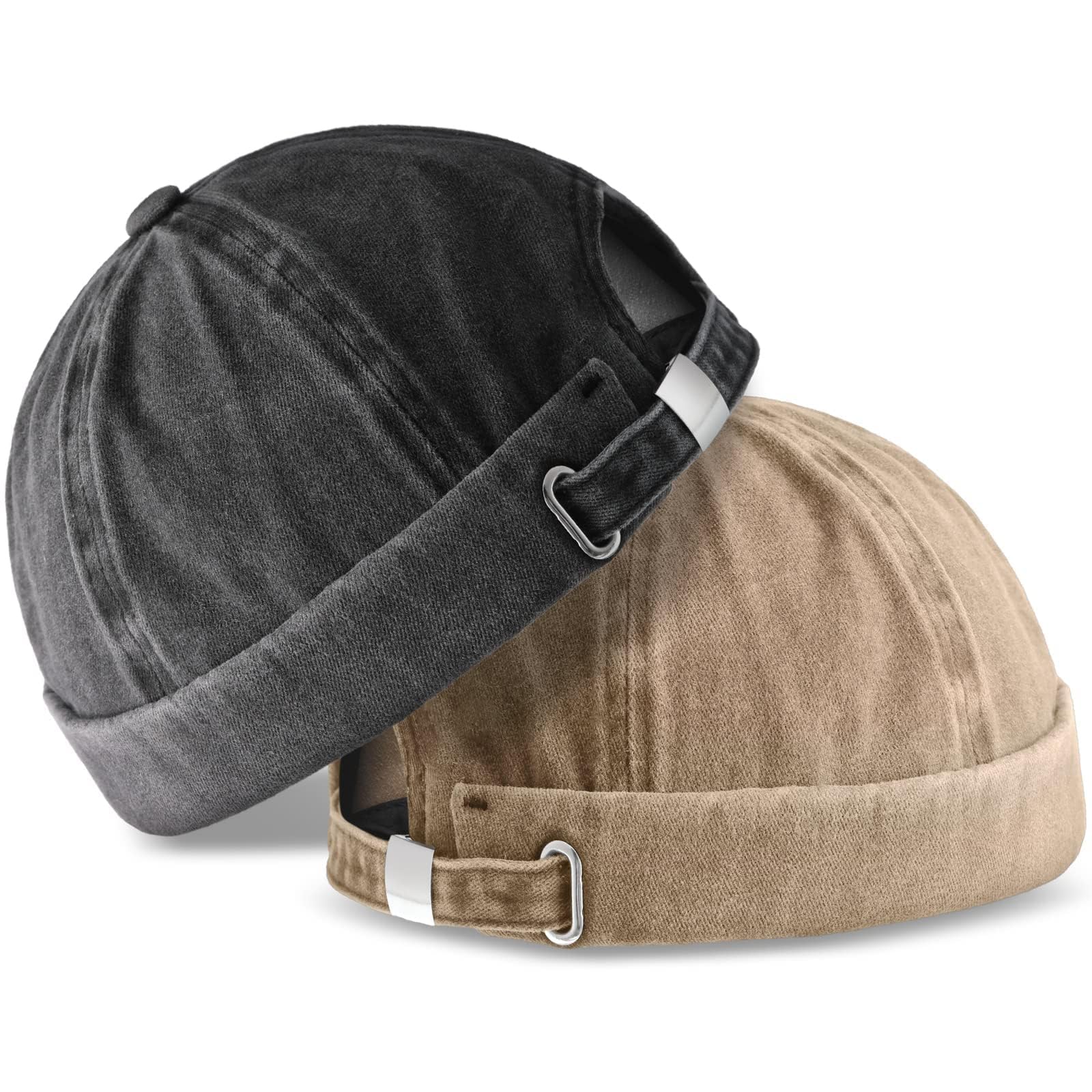Brimless Hats for Men - 2 Pieces Adjustable Docker Hat, Casual No Brim Visor-Less Flip Cap, Sailor Skullcap With Leather Buckle, Street Casual Beanie