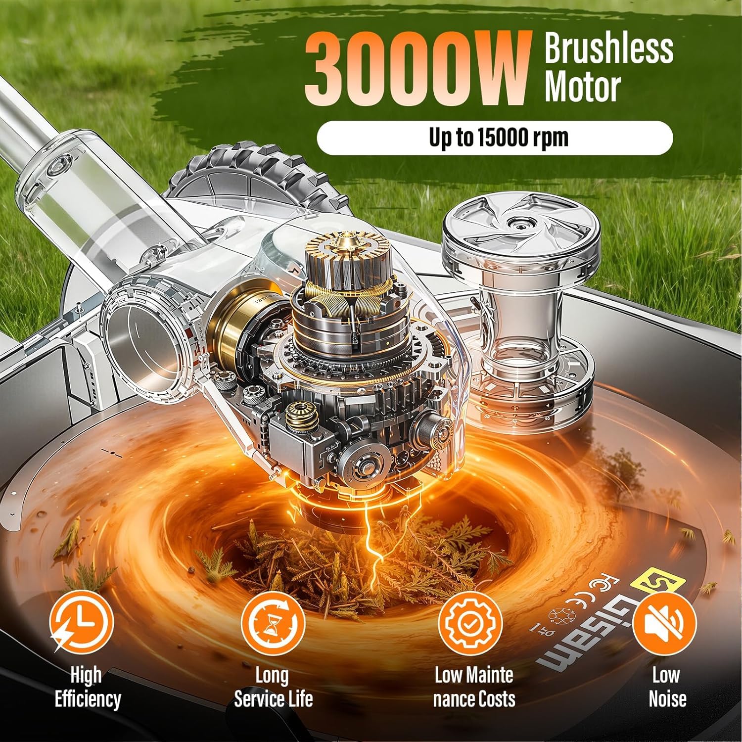 Cortacésped inalámbrico, 3000 W, motor sin escobillas, viene con 2 baterías de 4,0 Ah y un cargador, ancho de corte de 48 cm, altura de corte de 70 a 40 mm, altura e inclinación ajustables