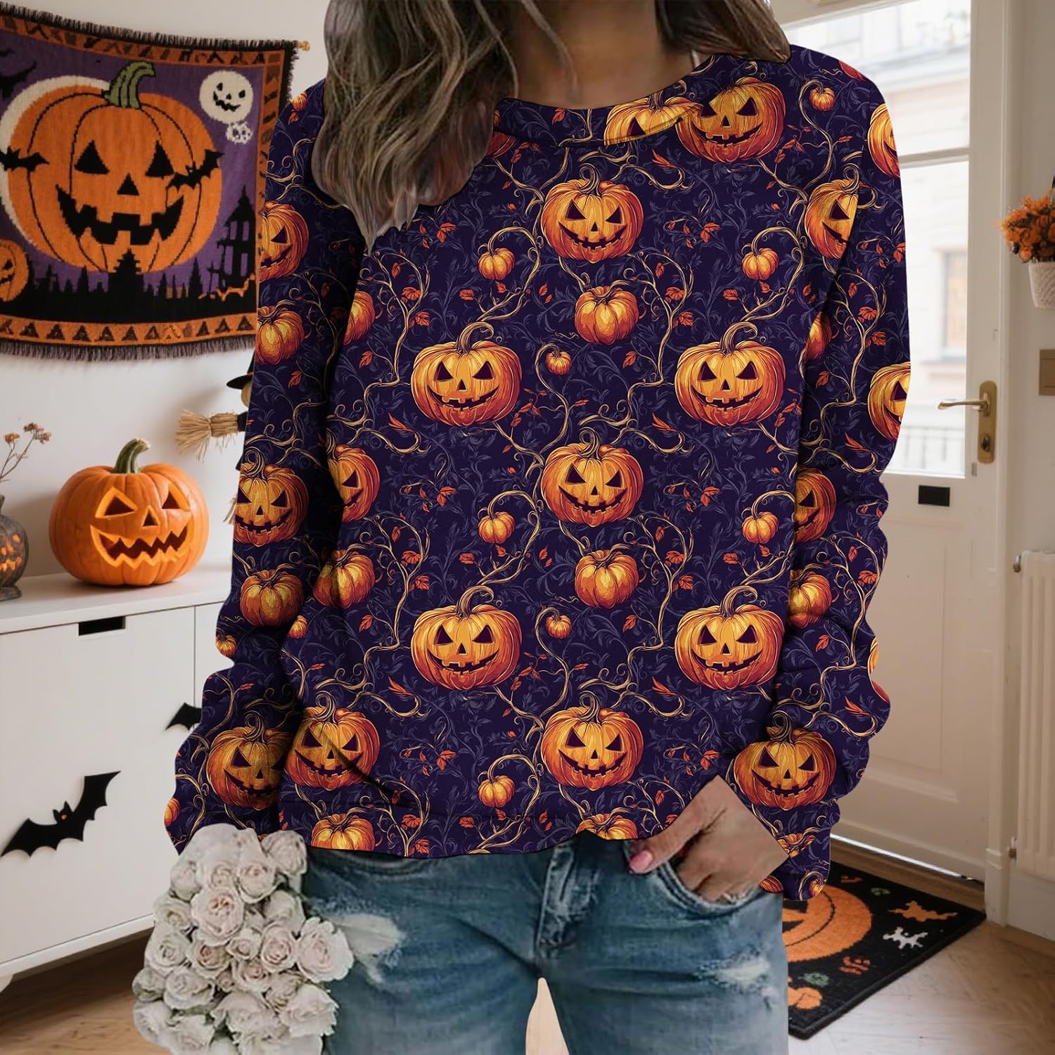 LIZALIG Pullover Cute Sweatshirt Orange Skeleton Fall Festive FunWomens Design Bat Holiday Party Outings Pumpkin Print - Image 3
