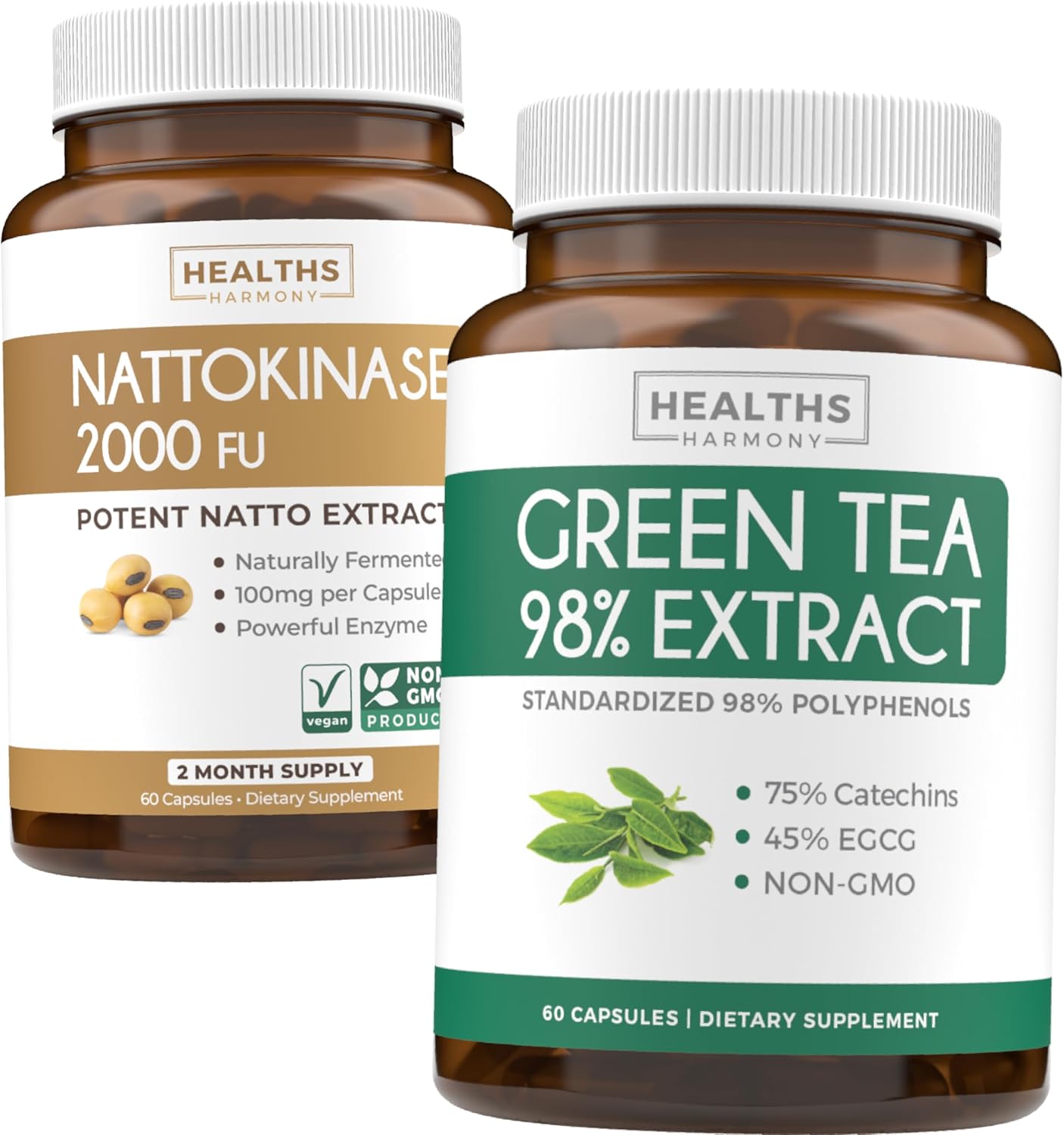 Nattokinase & Green Tea (1-Month Supply) Energy Boost Bundle – Nattokinase 2000 FU Powerful Naturally Fermented Soybeans (60 Caps) & Green Tea Extract 98% with EGCG (Non-GMO) Natural Metabolism Boost