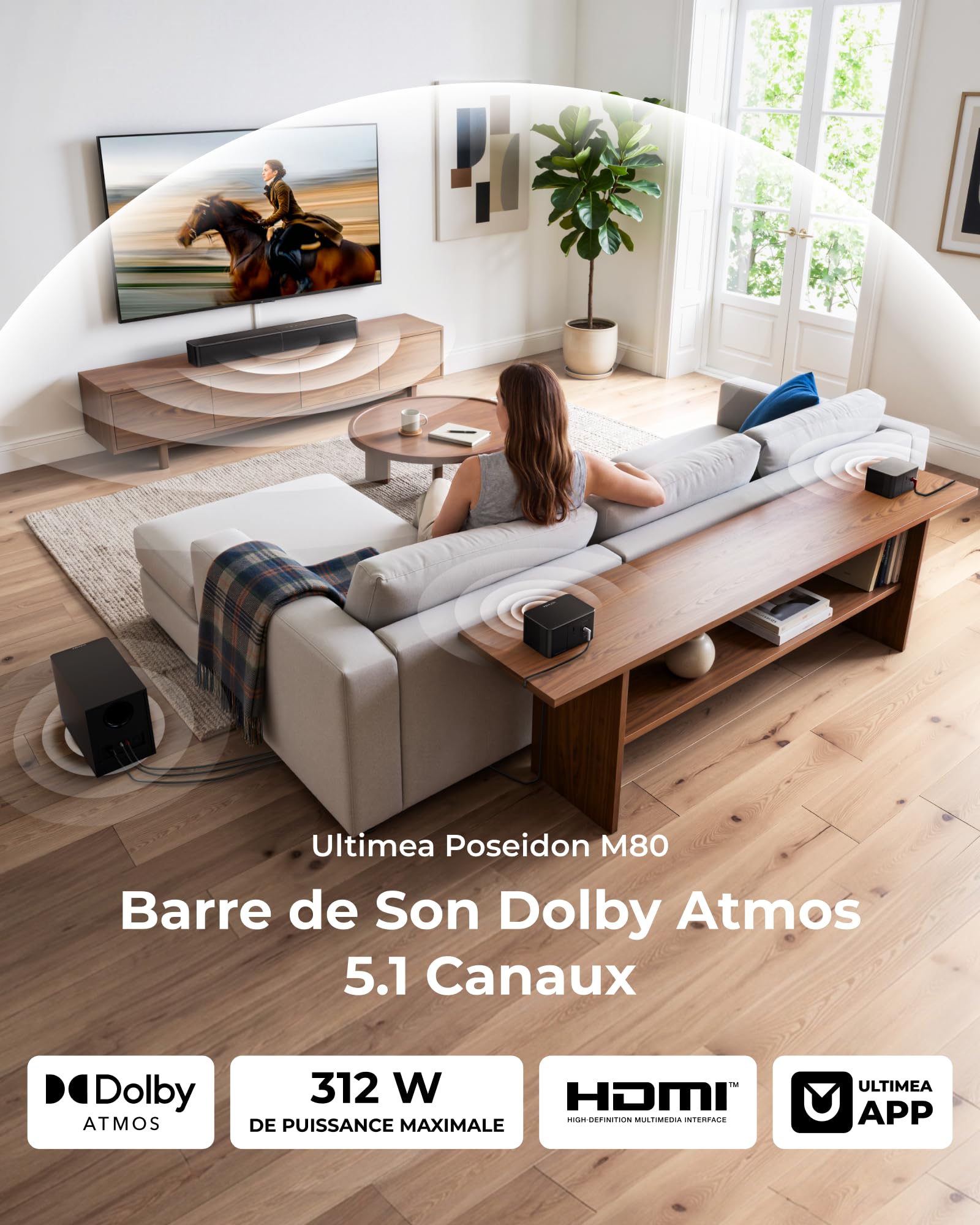 ULTIMEA 5.1 Barre de Son TV avec Dolby Atmos, Caisson de Basses sans Fil | 312W Crête Système Surround pour Home Cinema, HDMI eARC, 2 Enceintes Surround Filaires, Bluetooth 6.0, App, Poseidon M80