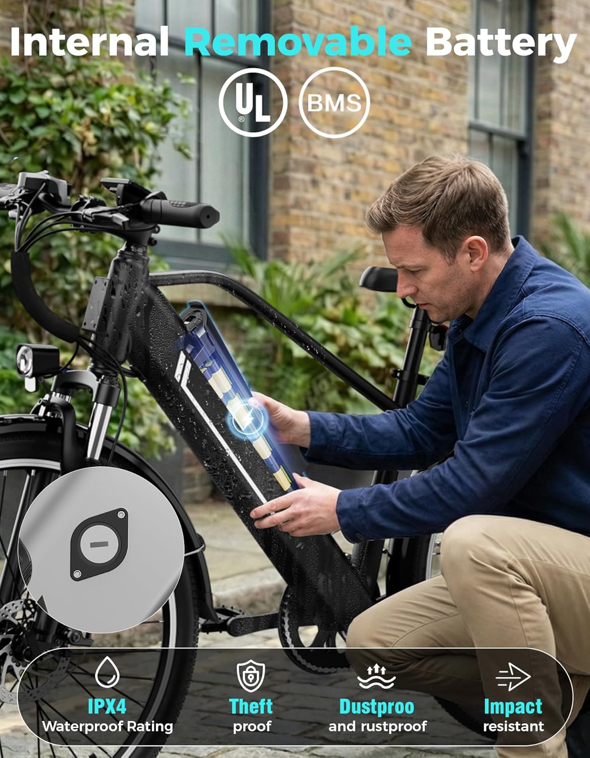 Jasion 26" Electric Bike for Adults, Internal Removable Battery Ebike with 3 Modes & 7-Speed, UL2849 Certified, 1200W Peak Motor, Max 28Mph & 50Miles, Shock Absorber, Electric City Commuter Bicycle