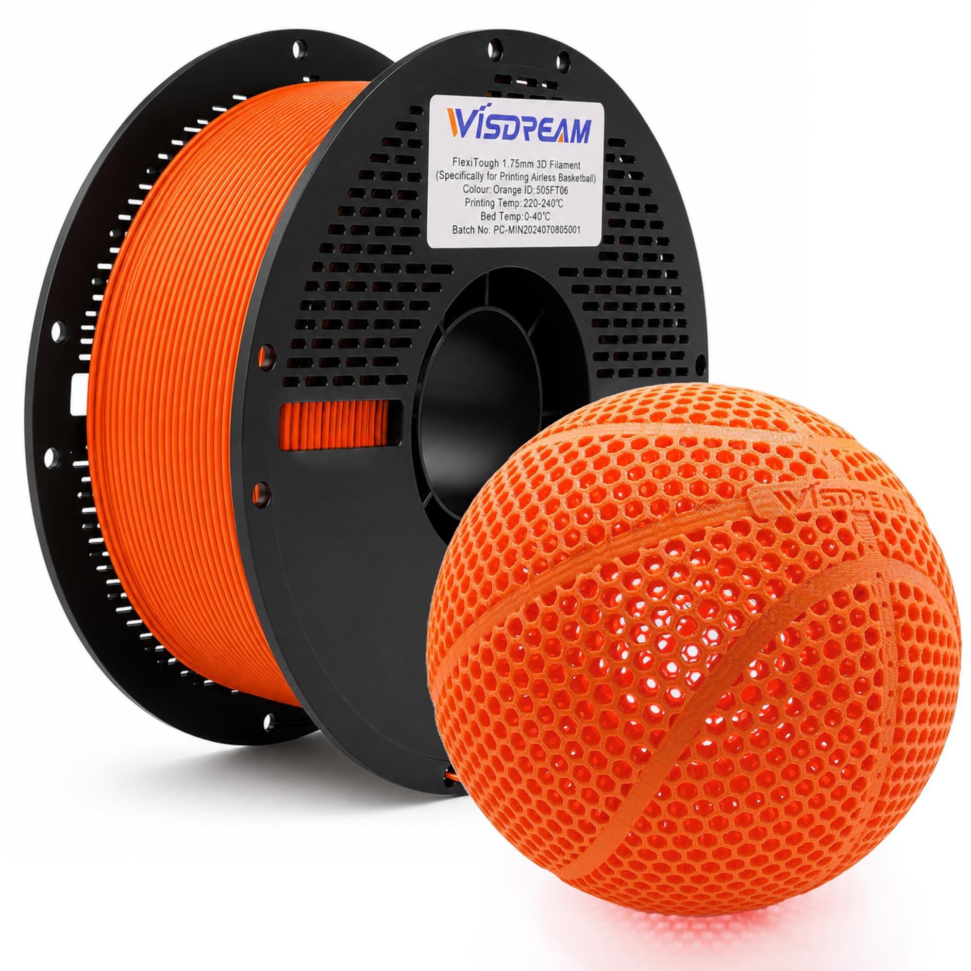 FlexiTough flexibles Filament, speziell für 3D-gedruckte Airless-Basketbälle entwickelt, 1,75 mm, 1 kg, kompatibel mit den meisten FDM-Druckern (Orange) | Speziell für den Druck von real-game Bouncy Airless Basketball, 1 kg
