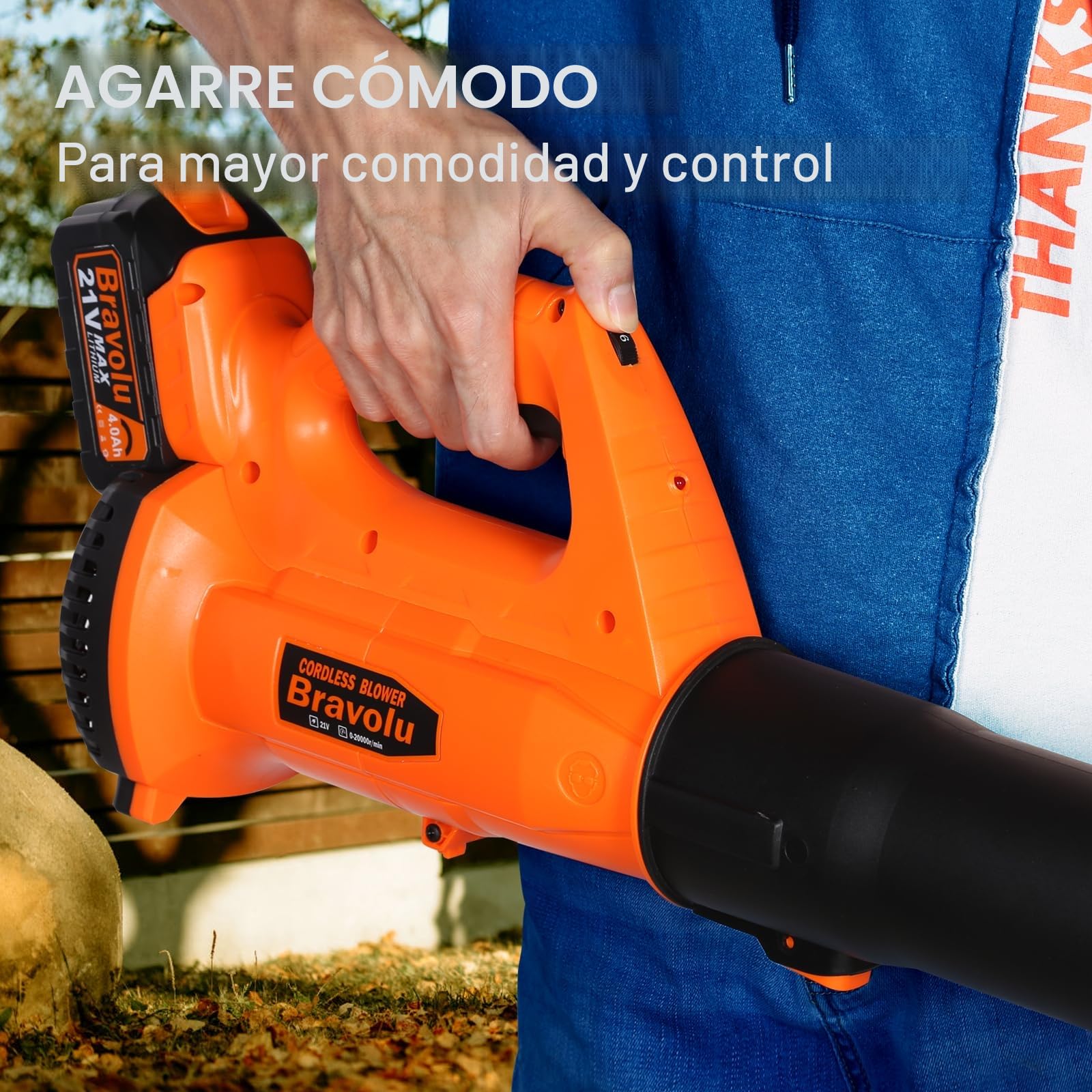 Soplador de Hojas, Bravolu 21V Soplador con Baterías Recargables de 2 X 4,0 Ah y Cargador, Flujo de Aire de 240 km/h, 6 Velocidades Soplador de Hojas Eléctrico